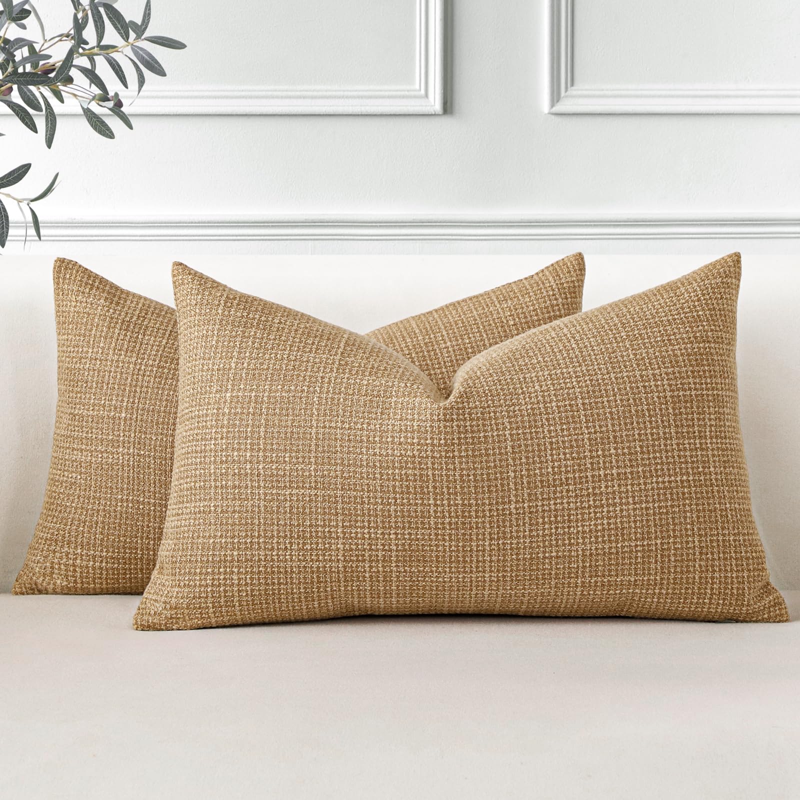 JOTOM Set of 2 Cushion Covers 30x50 cm Linen Light Brown Decorative Throw Pillow Covers 12x20 Inch Lumbar Cushion Case Home Decor Pillowcases for Couch Sofa Living Room Bed (Light Brown)