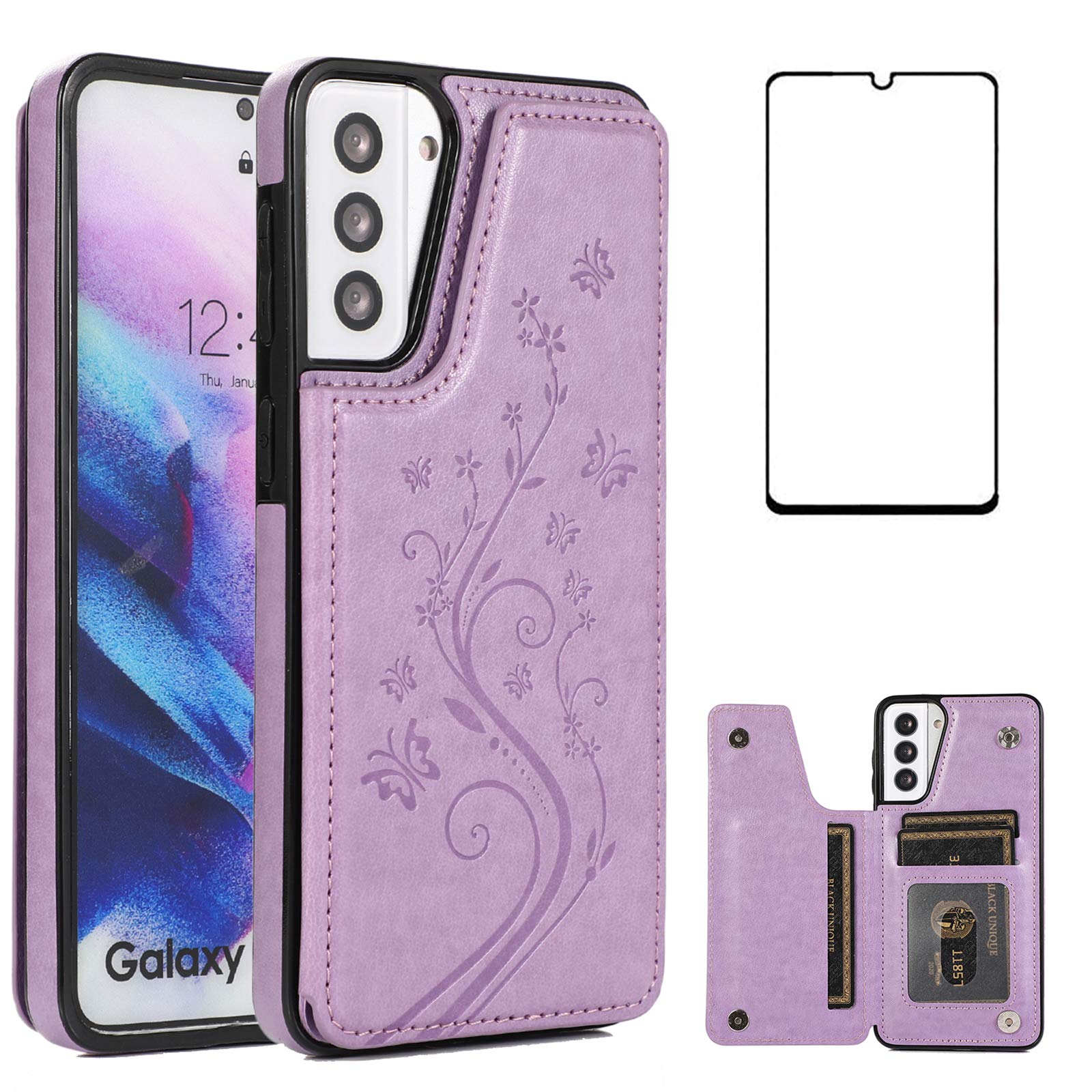 Phone Case for Samsung Galaxy S21 Glaxay S 21 5G 6.2 inch with Tempered Glass Screen Protector and Card Holder Wallet Cover Stand Flip Leather Cell Accessories Gaxaly 21S G5 Cases Women Girl Purple