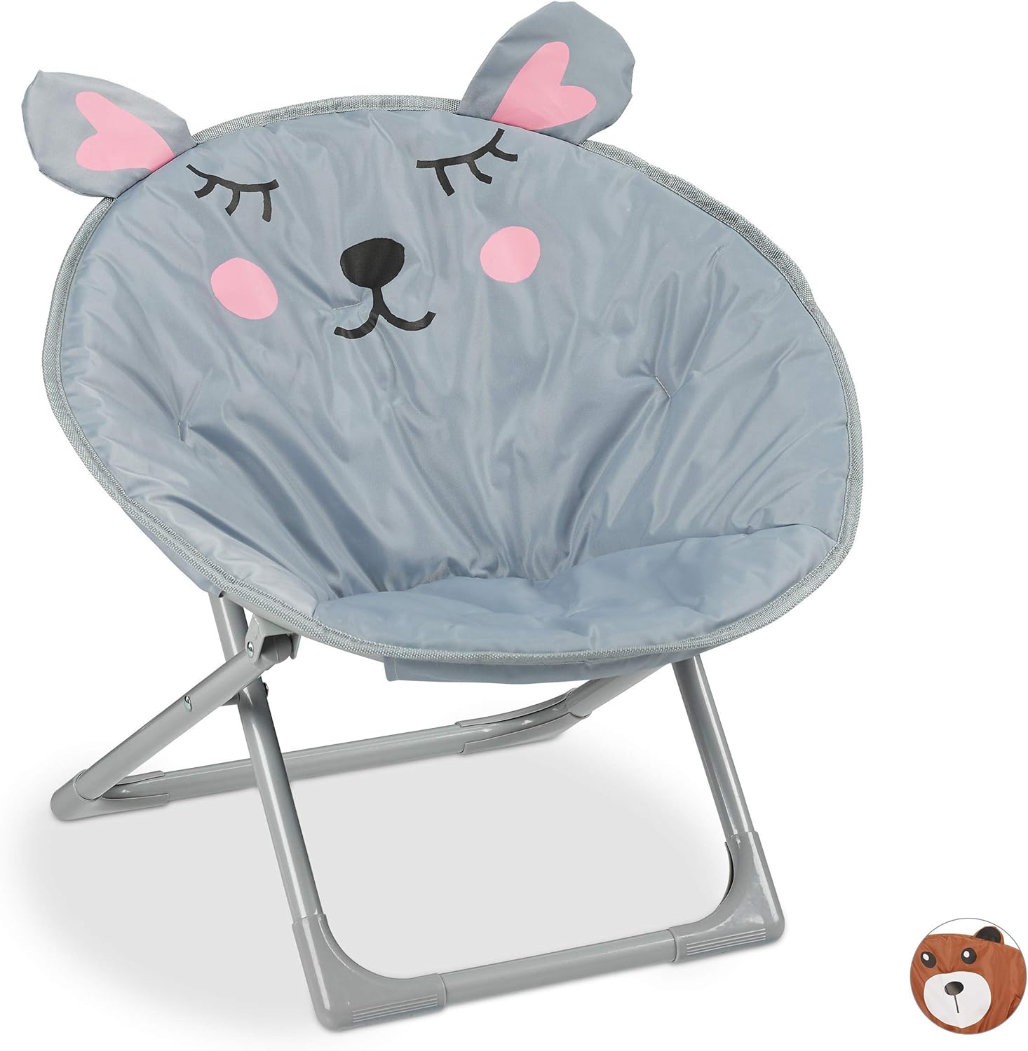 Relaxdays Moon Chair Kids, Foldable Indoor & Outdoor Camping Seat for Boys and Girls Mouse, Grey HxWxD 48 x 51 x 48 cm