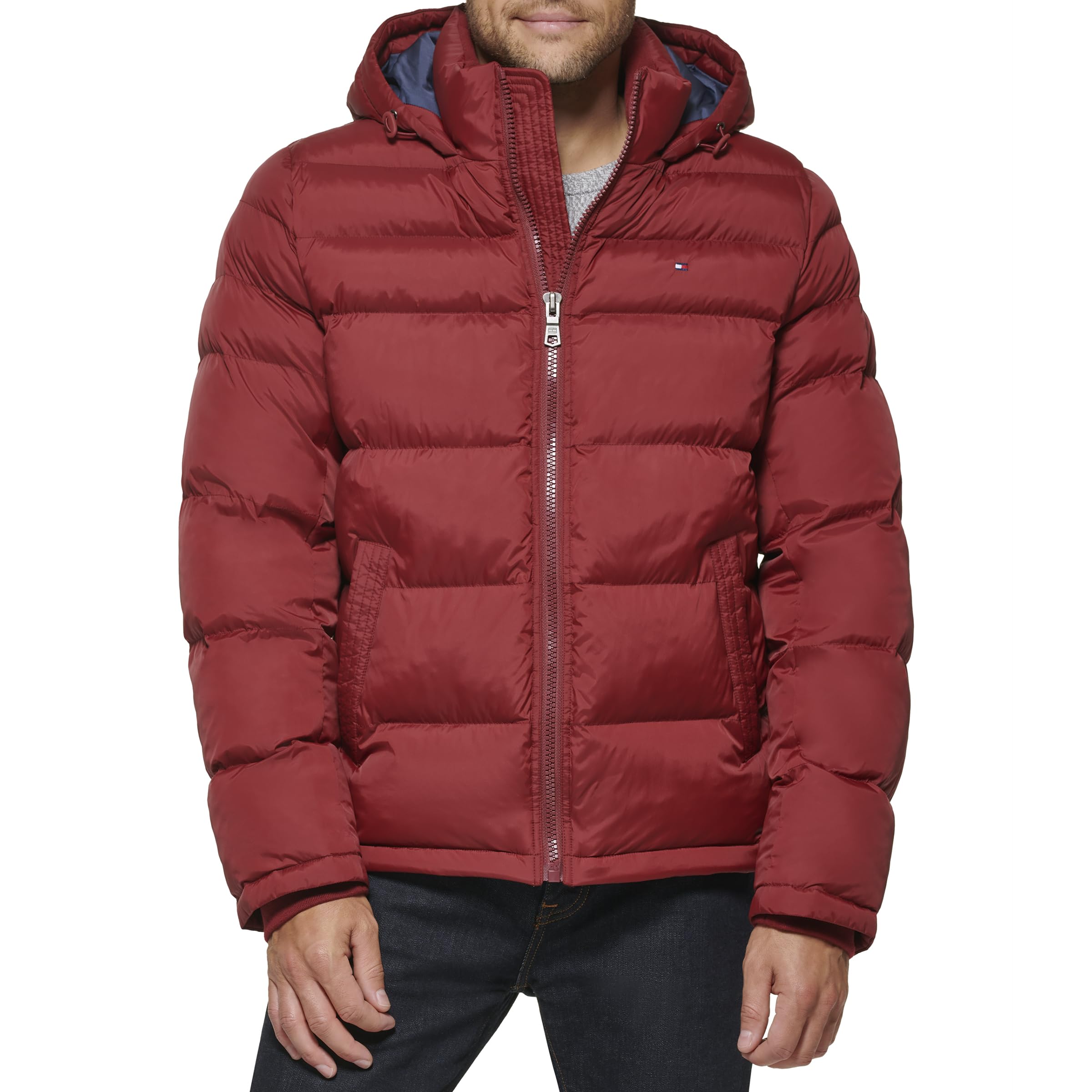 Tommy Hilfiger Men's Hooded Puffer Jacket, New Matte Red, Small Image
