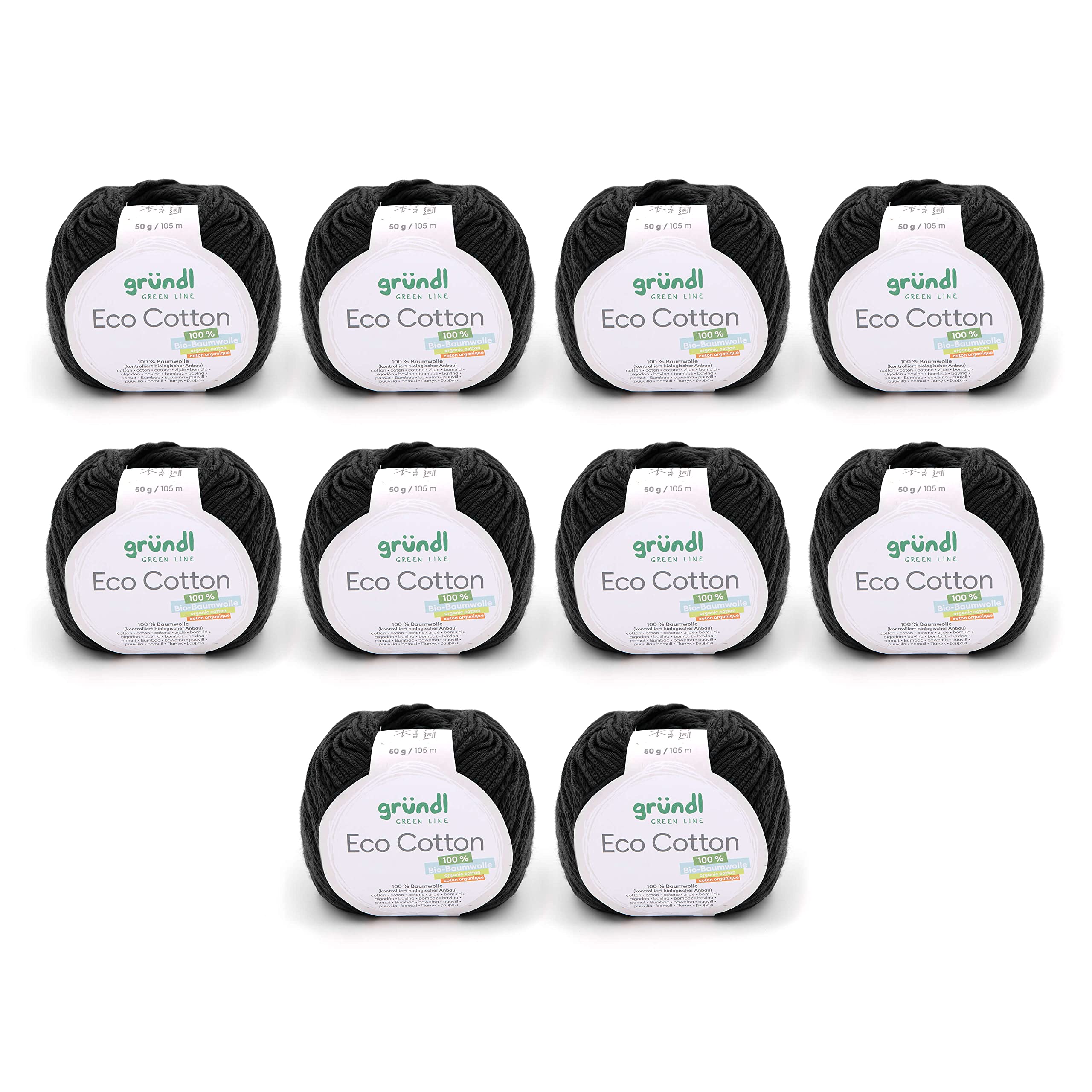 Gründl Eco Cotton Wool - Wool for Crochet - Wool for Knitting - Crochet Yarn - Soft and Skin Friendly - 100% Organic Cotton - 10 Balls 50 g / 105 m - Needle Size 3.5-4.5 - Black