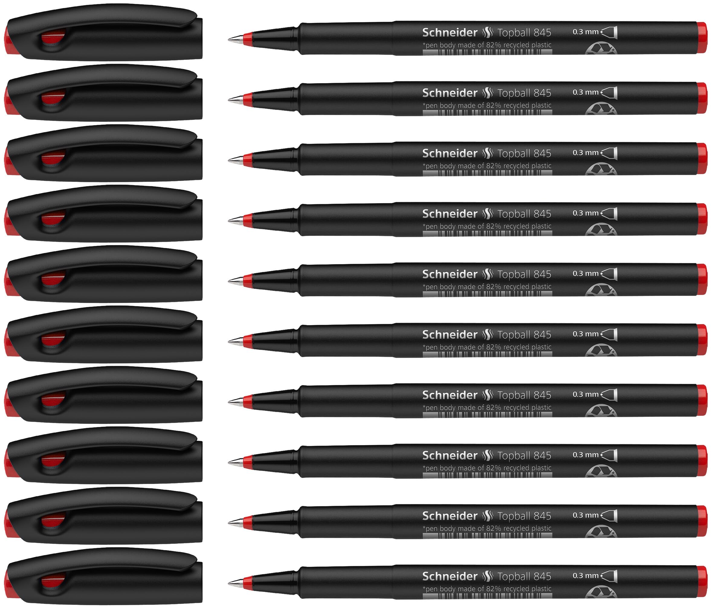 Schneider Topball 845 Ink Roller with Sturdy Stainless Steel Tip 0.3 mm, Red, Pack of 10
