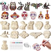 Gerrii 96 Pcs Day of Dead Wood Sugar Skull Cutouts 12 Pens 24yd Ribbon | Unfinished Wood for DIY Painting, Dia De Muertos Halloween Decor, Hanging Slices 12 Designs, Markers Ribbon for Crafts