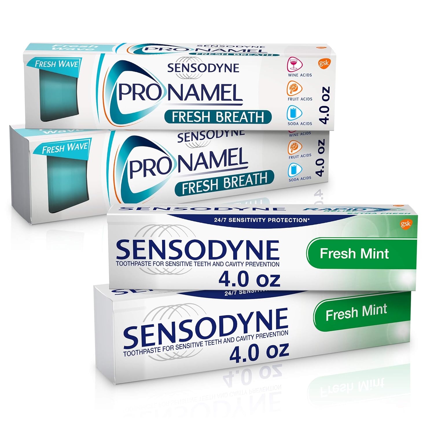 Sensodyne Sensitivity Toothpaste for Sensitive Teeth, Fresh Mint, 4 ounce (Pack of 2) and Sensodyne Pronamel Fresh Breath Enamel Toothpaste, Fresh Wave - 4 Ounces (Pack of 2)