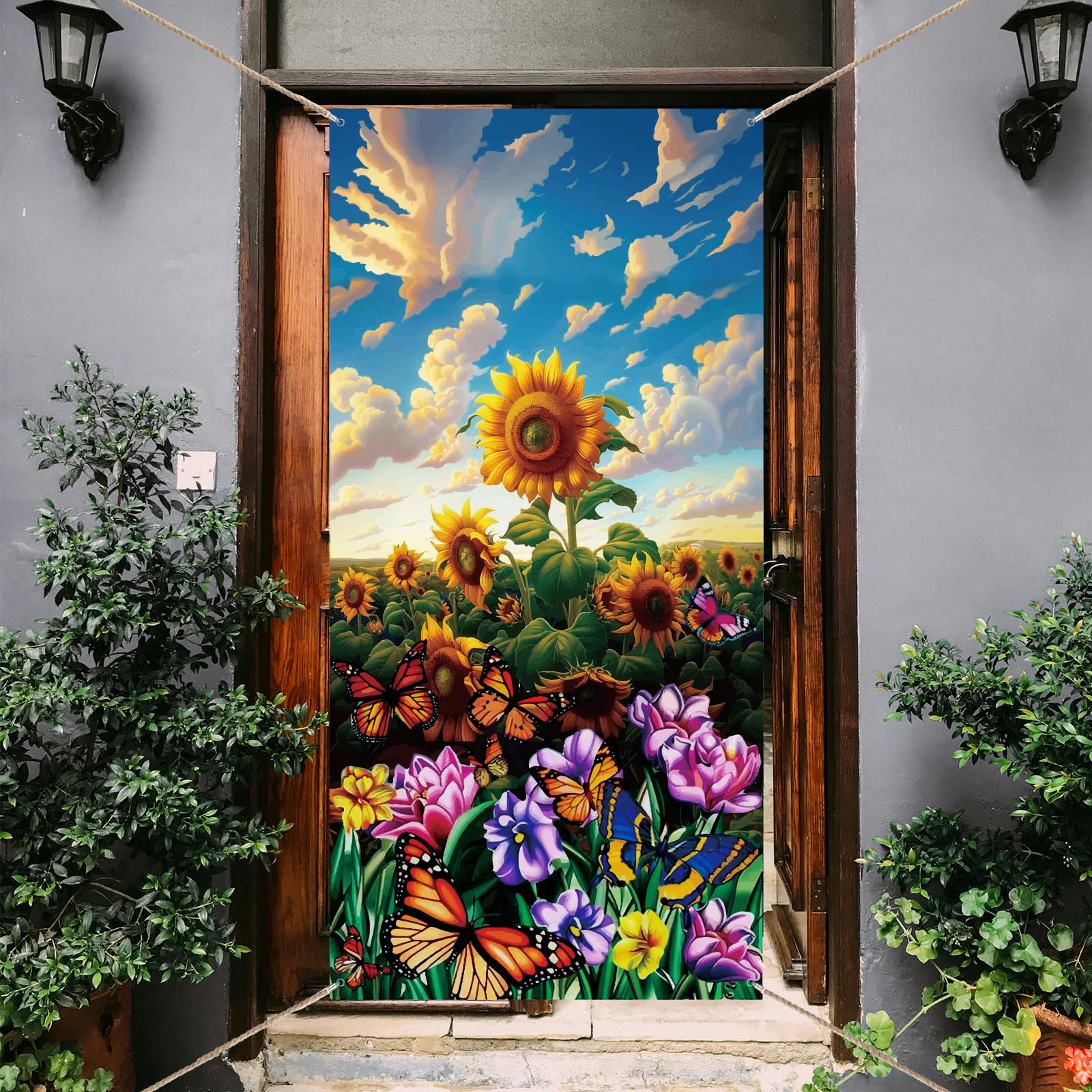 arricraft 1 Pc Welcome Theme Spring Door Cover, Sunflower Butterfly Summer Door Banner Polyester Seasonal Porch Sign for Outdoor Home Garden Holiday Party Decoration 90x185cm