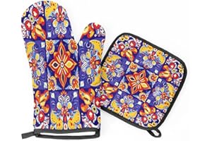 JXDXHCW Heat Resistant Oven Mitts and Pot Holders Set, Ethnic Talavera Flower 2-Piece Kitchen Hot Pads with Hanging Loop, 220