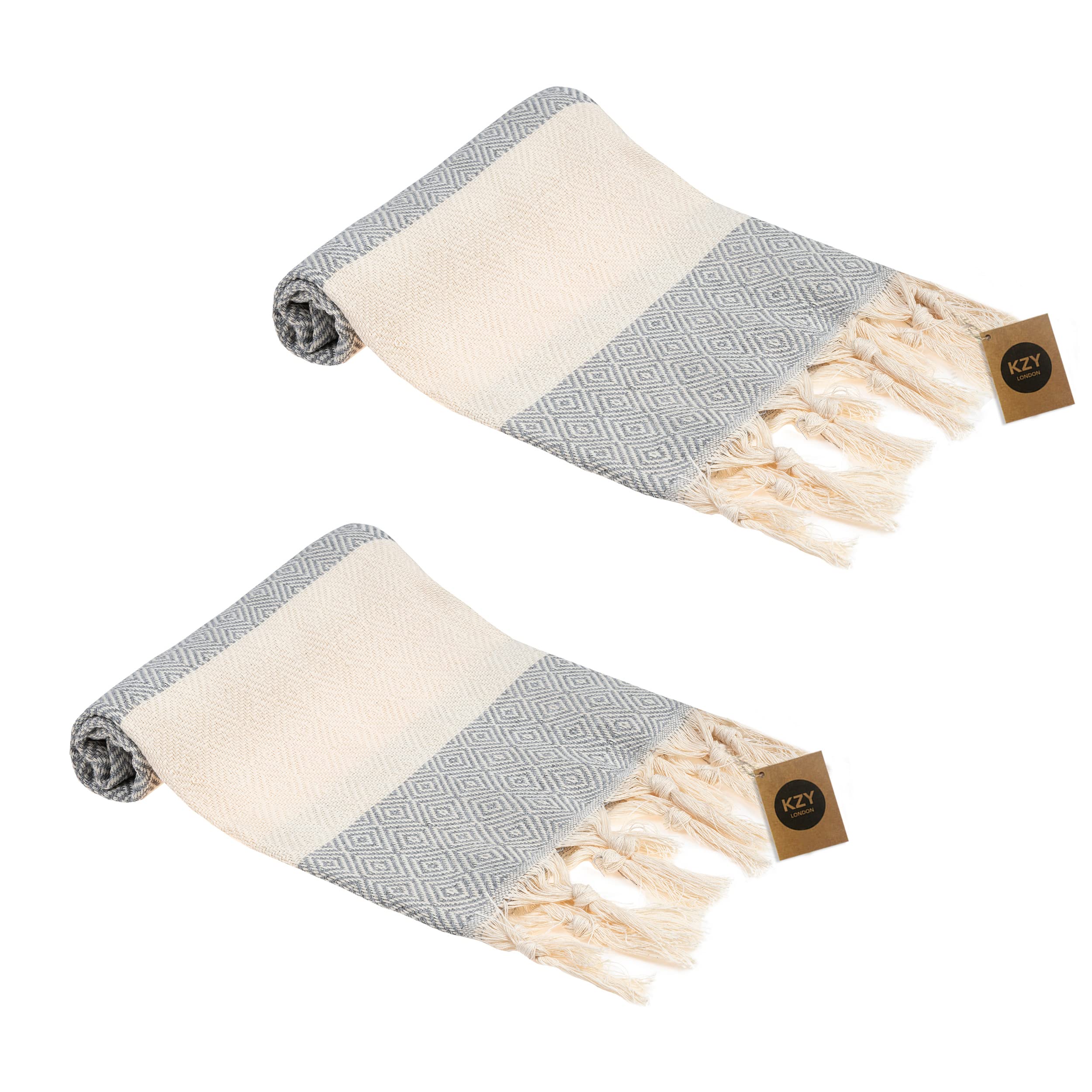 KZY LONDON Turkish Hand Towel Set of 2 - Towel for Kitchen and Bathroom - 50x100cm, 18,5x40 Inches - Prewashed Absorbent Peshtemal Decorative Towel for Face, Hand, Hair, Gym, Travel (Grey)