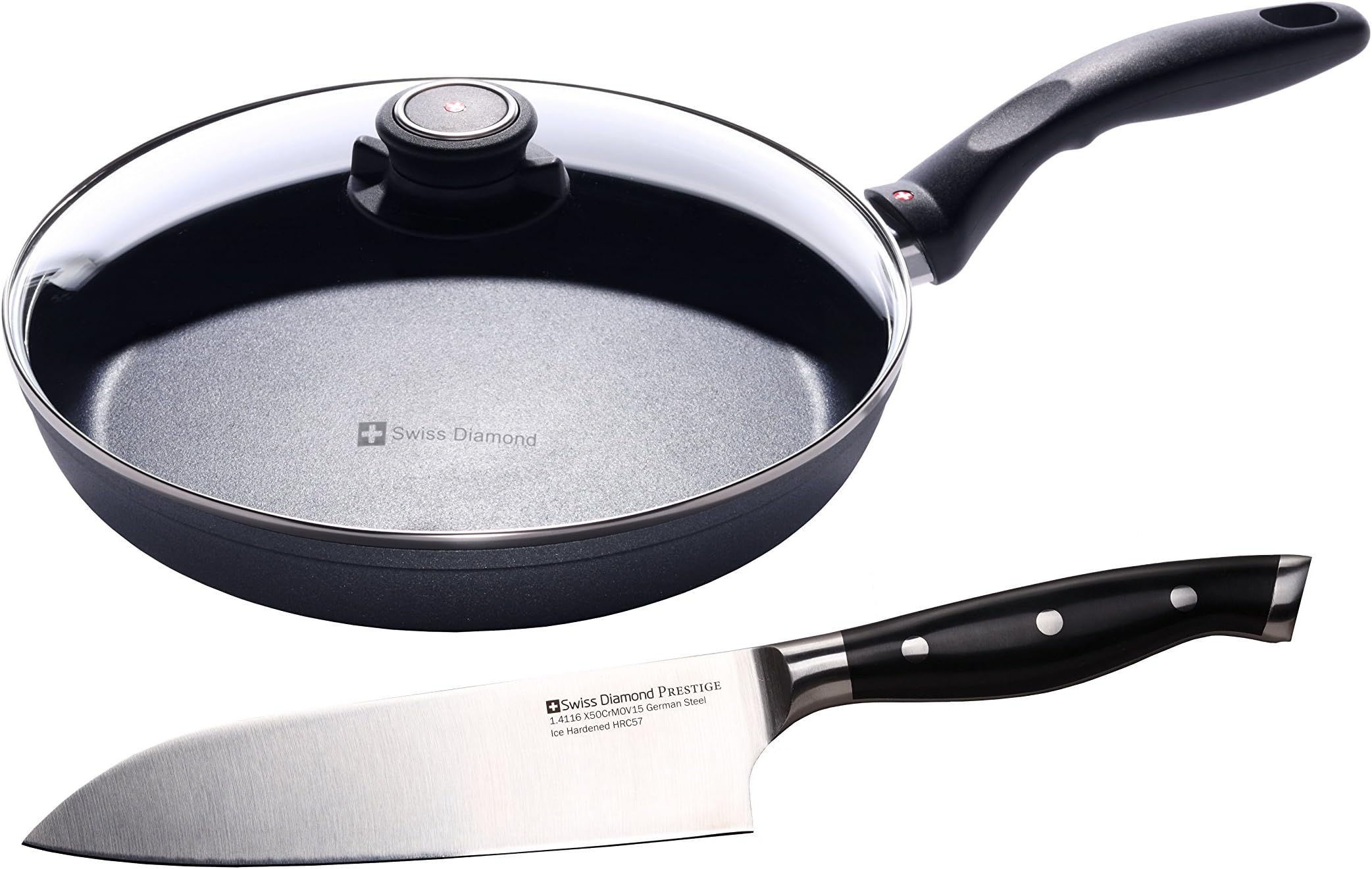 Swiss Diamond Nonstick Fry Pan with Lid - 10.25" & 7" Santoku Knife Bundle