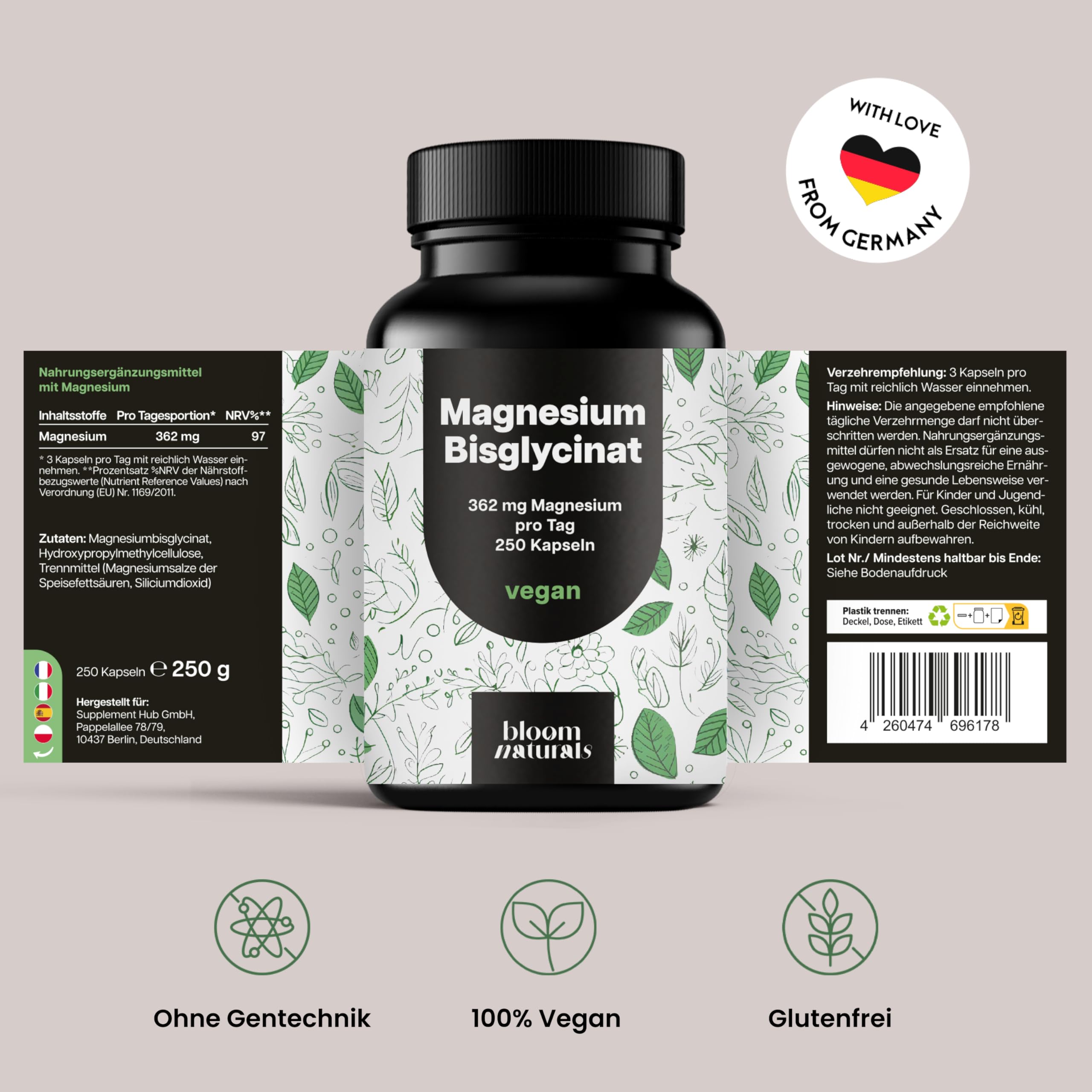 Magnesium Bisglycinat Hochdosiert - 250 Kapseln - 362 mg Magnesium Glycinat pro Tag - Vegan & Produziert in Deutschland - Laborgeprüft - Verpackung kann variieren 6