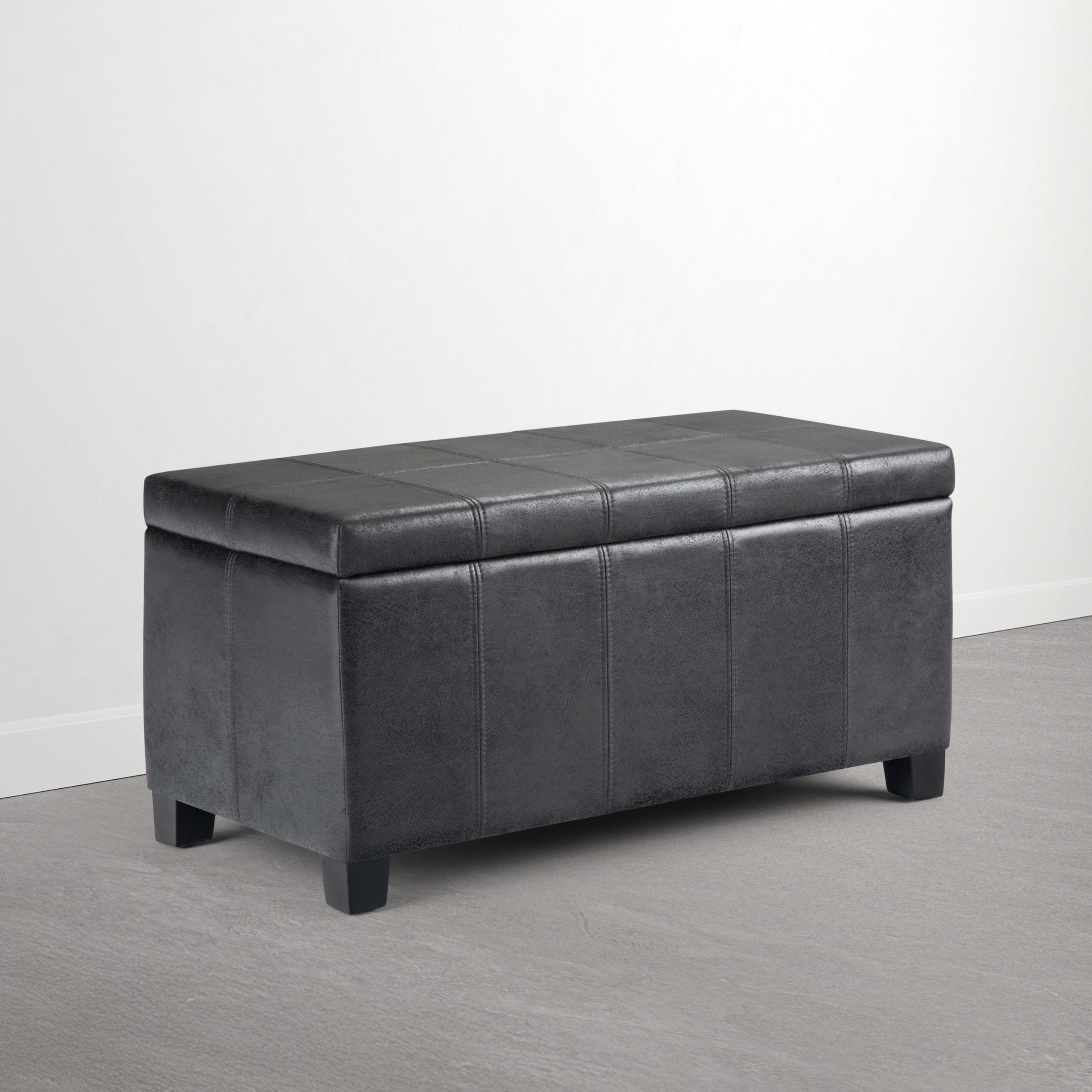 SIMPLIHOME Dover Storage Ottoman Bench - 36 inch Wide Upholstered Vegan Leather Rectangle Storage Ottoman Bench in Distressed Graphite Black, Contemporary Ottoman for Living Room with Lift-Up Lid Image