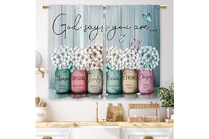 Laifzere Teal Farmhouse Floral Kitchen Curtains Rustic Flower Small Short Cafe Window Curtains Country Wooden Barn Inspirational Bathroom Window Drapes Treatment Tier Curtains 2 Panels (27.5x39 Inch)