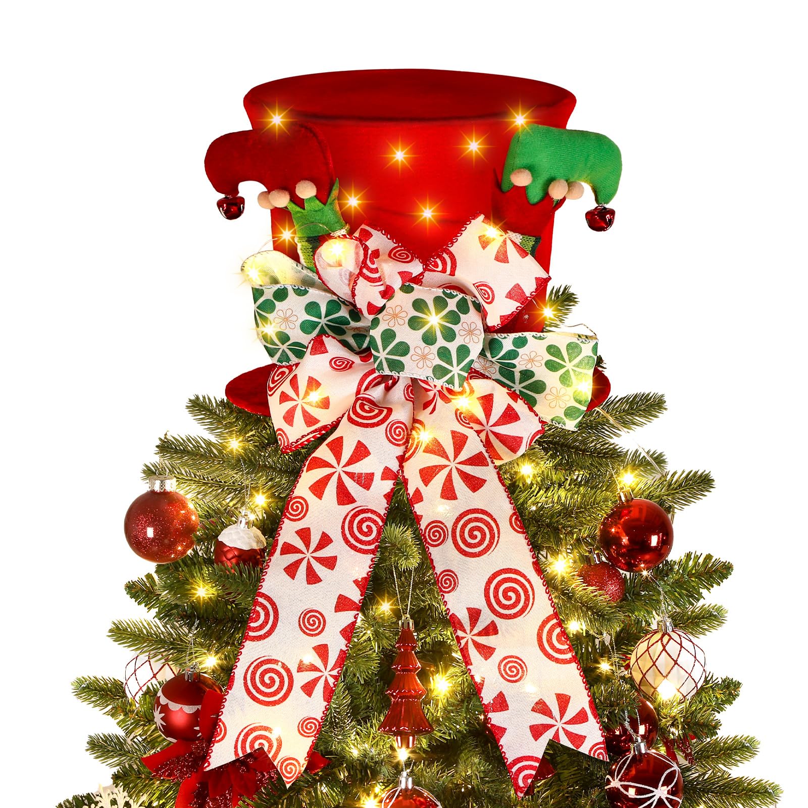 Photo 1 of Alupssuc Christmas Tree Topper Hat Lighted,Large Red Velvet Hat with Elf Legs and Lengthened Bowknot, Small Bells and Light Strings,Christmas Tree and Tabletop Decorations for Holiday Home Decor