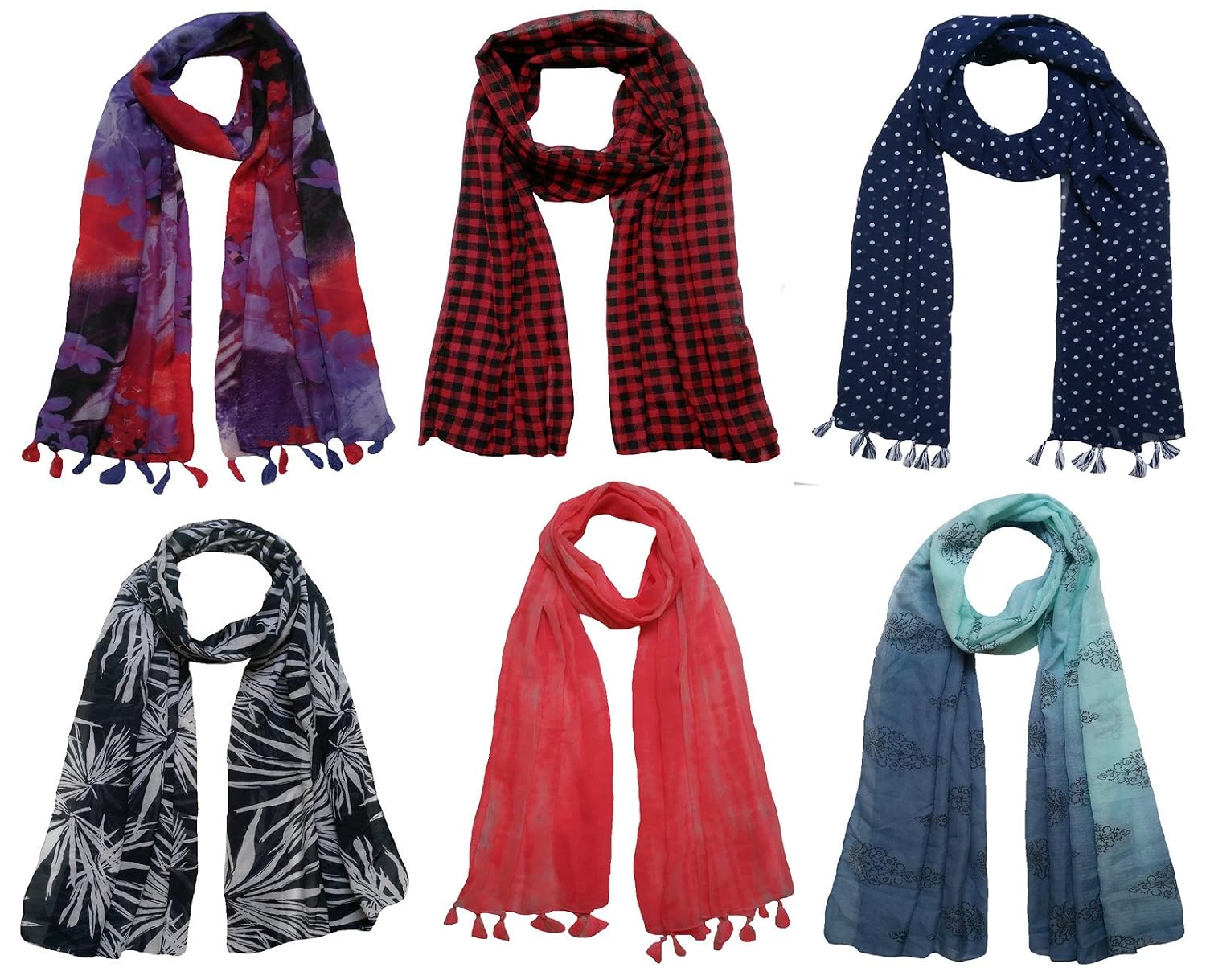 fusfus women's poly cotton combo of 6 scarves (multicolor_free size)