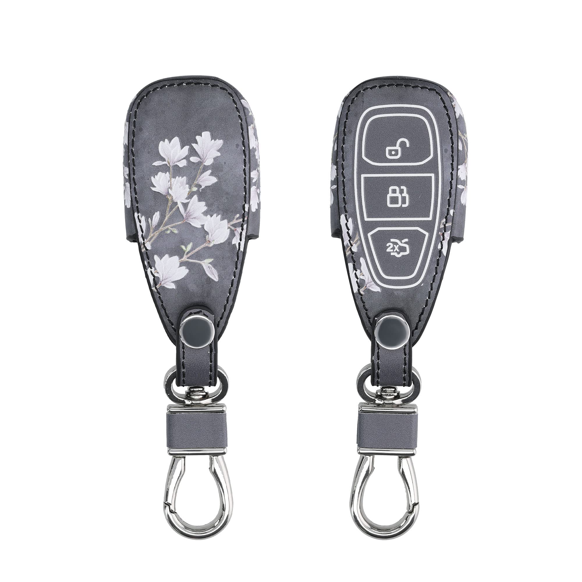 kwmobile Key Cover Compatible with Ford 3 Button Car Key Keyless Go - Faux Leather - Magnolias Taupe/White/Dark Grey