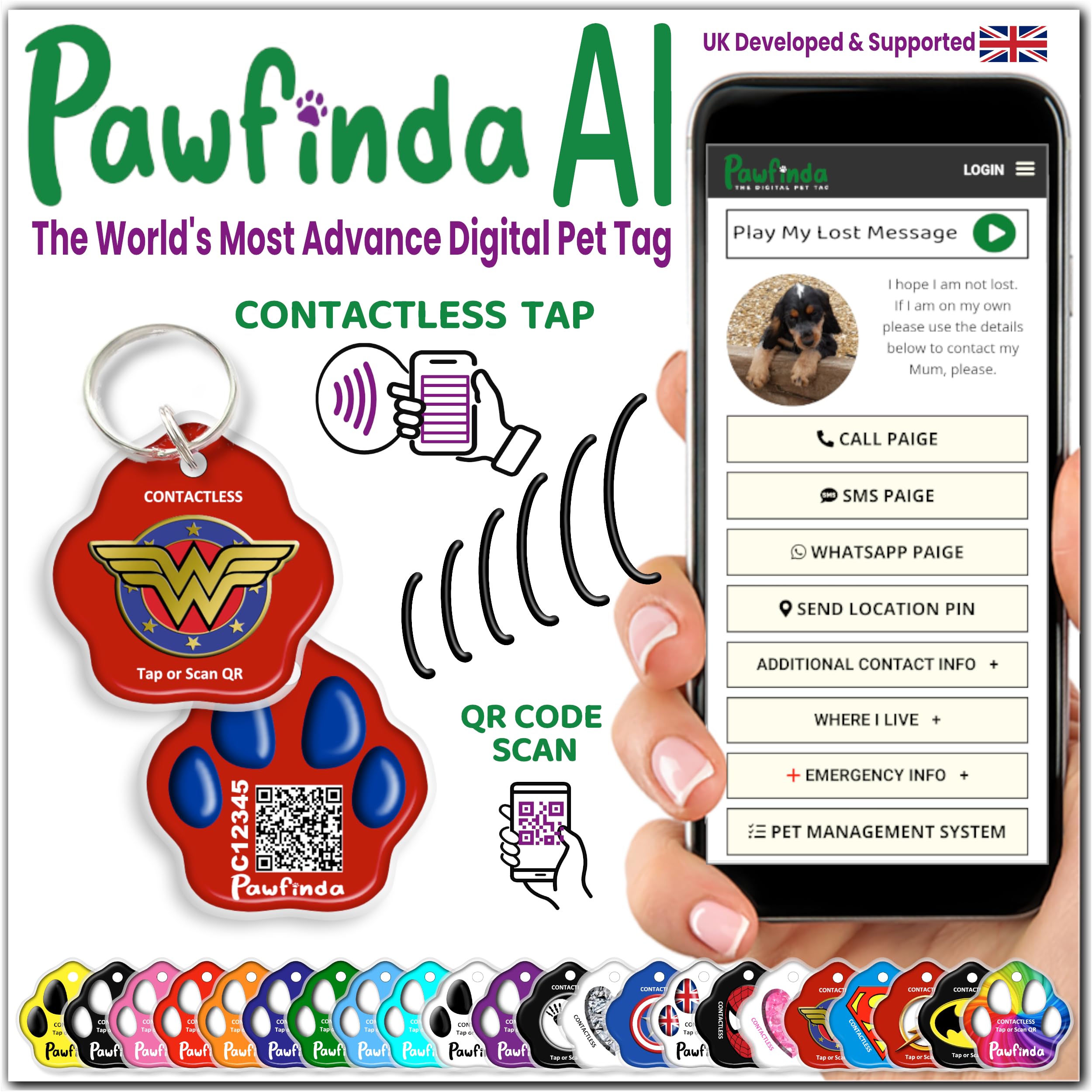 PAWFINDA – Next Generation AI Digital Personalised Cat Dog Pet Engraved ID Tag with CONTACTLESS NFC and QR Code Technology Now with PawVoice AI. UK Developed, Designed, and Supported. (Wonder Paw)