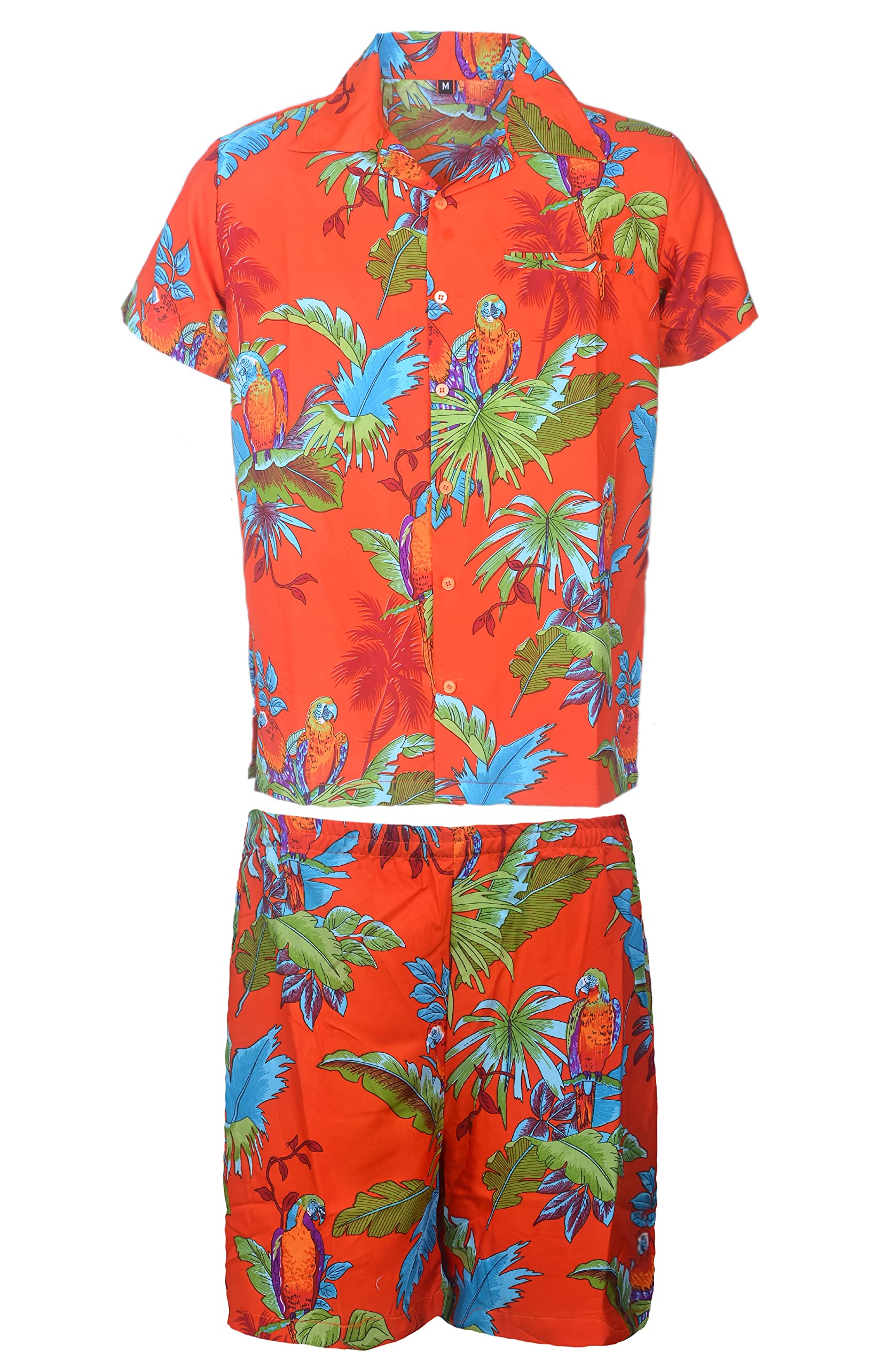 KIKLO Mens Hawaiian STAG Beach Hawaii Aloha Party Summer Holiday Fancy Shirt and Short Set (O PARROT SET, XXL)