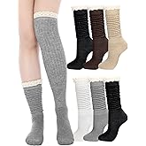 Fourluoo 6 Pack Women Cotton Knit Boot Knee High Socks Lace Trim Knee High Stockings Socks for Boots Casual Chic