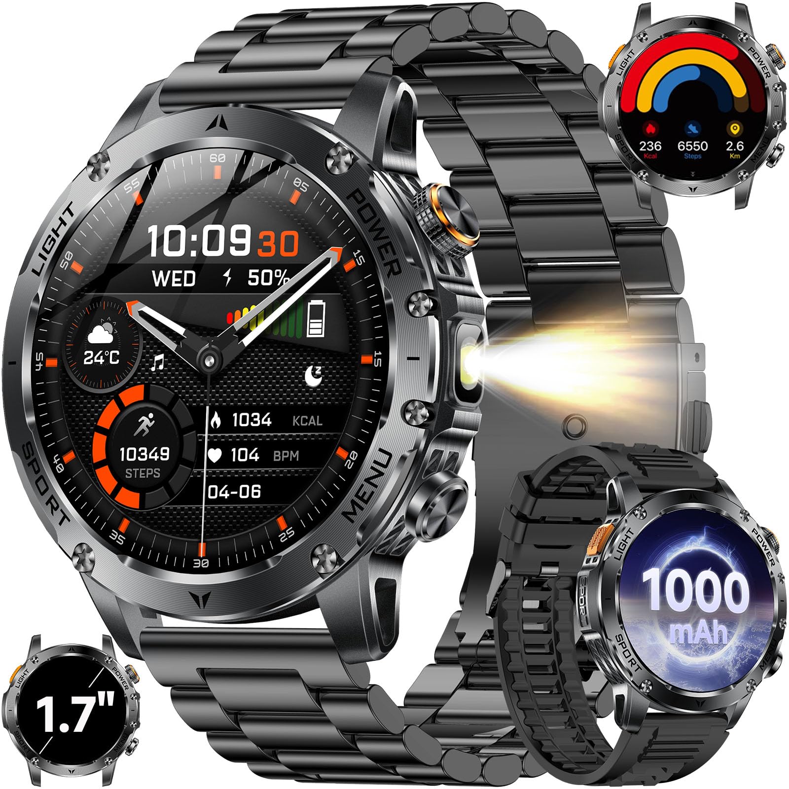 Photo 1 of KPEP Military Smart Watches for Men with 2 Straps, 1000mAh Battery/LED Flashlight/IP67 Waterproof Smartwatch, Stress/Blood Oxygen/Heart Rate/Sleep Monitoring, Reminder, Fitness Tracker for iOS Android