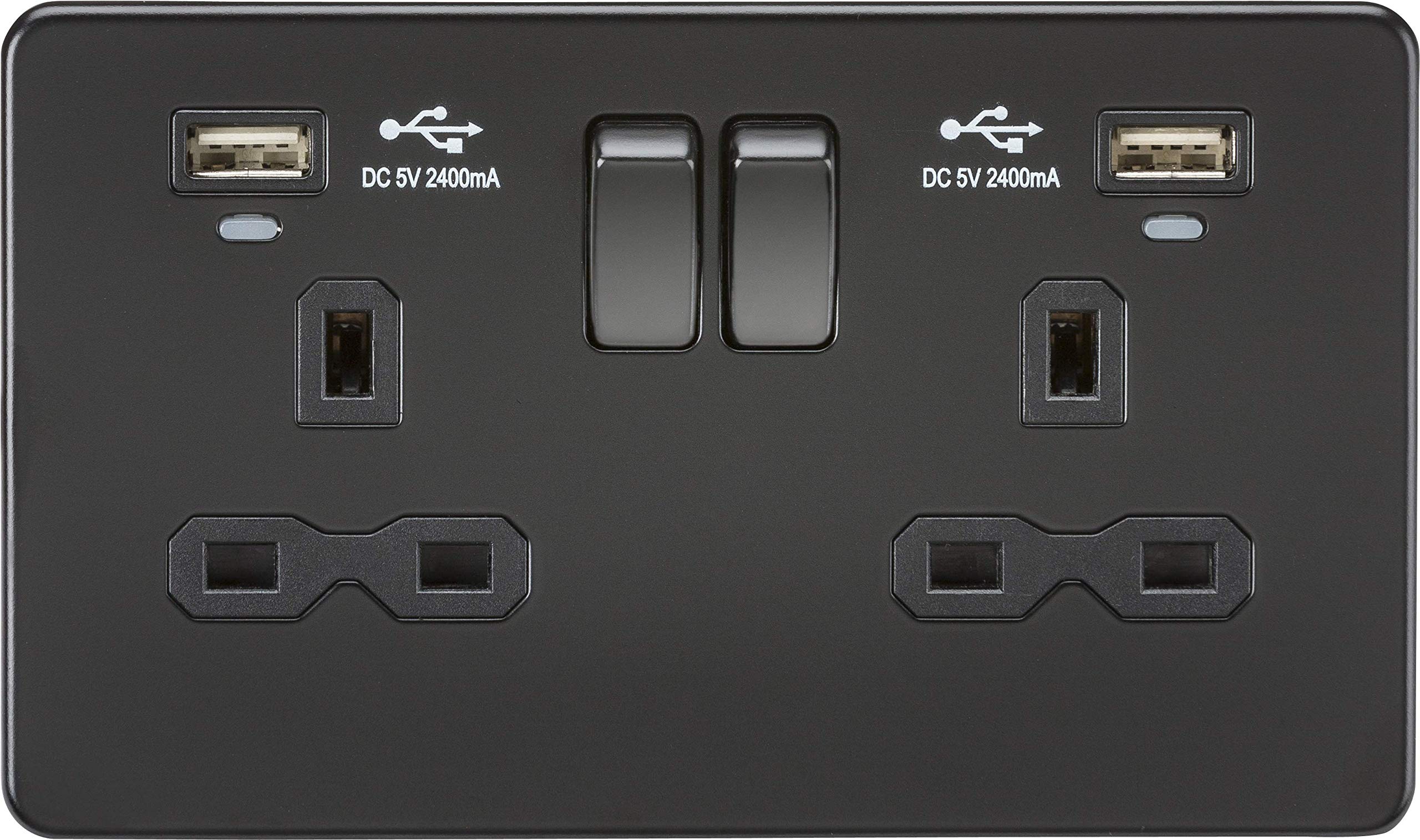 13A 2G Switched Socket, Dual USB (2.4A) with LED Charge Indicators - Matt Black