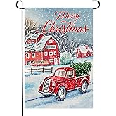 Doncida Merry Christmas Garden Flag 12x18 Double Sided Burlap Red Truck Christmas Tree Rustic Quote House Winter Xmas Yard Flag for Outside Decoration