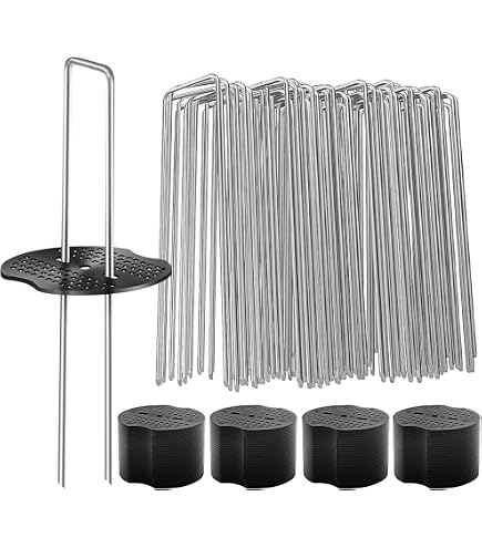 200 Pack Garden Stakes Staples – 6 Inch U-Shaped Galvanized Landscape Fabric Pins + 100 Plastic Gaskets – Heavy Duty Weed Barrier Anchors For Lawn, Yard, Decor