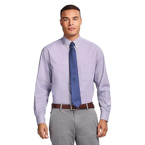 IZOD Men's Performance Comfort Long Sleeve Plaid Button Down, Imperial Purple, 18-18.5 34