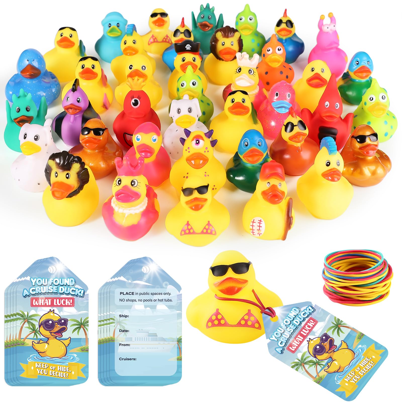 Photo 1 of 110 Pieces Cruise Rubber Ducks Hiding Kits Includes 35Pcs Cruising Duck 35 Cruising Ducks Tags 40 Rubber Bands for Cruise Ship Duck Ducking Essentials