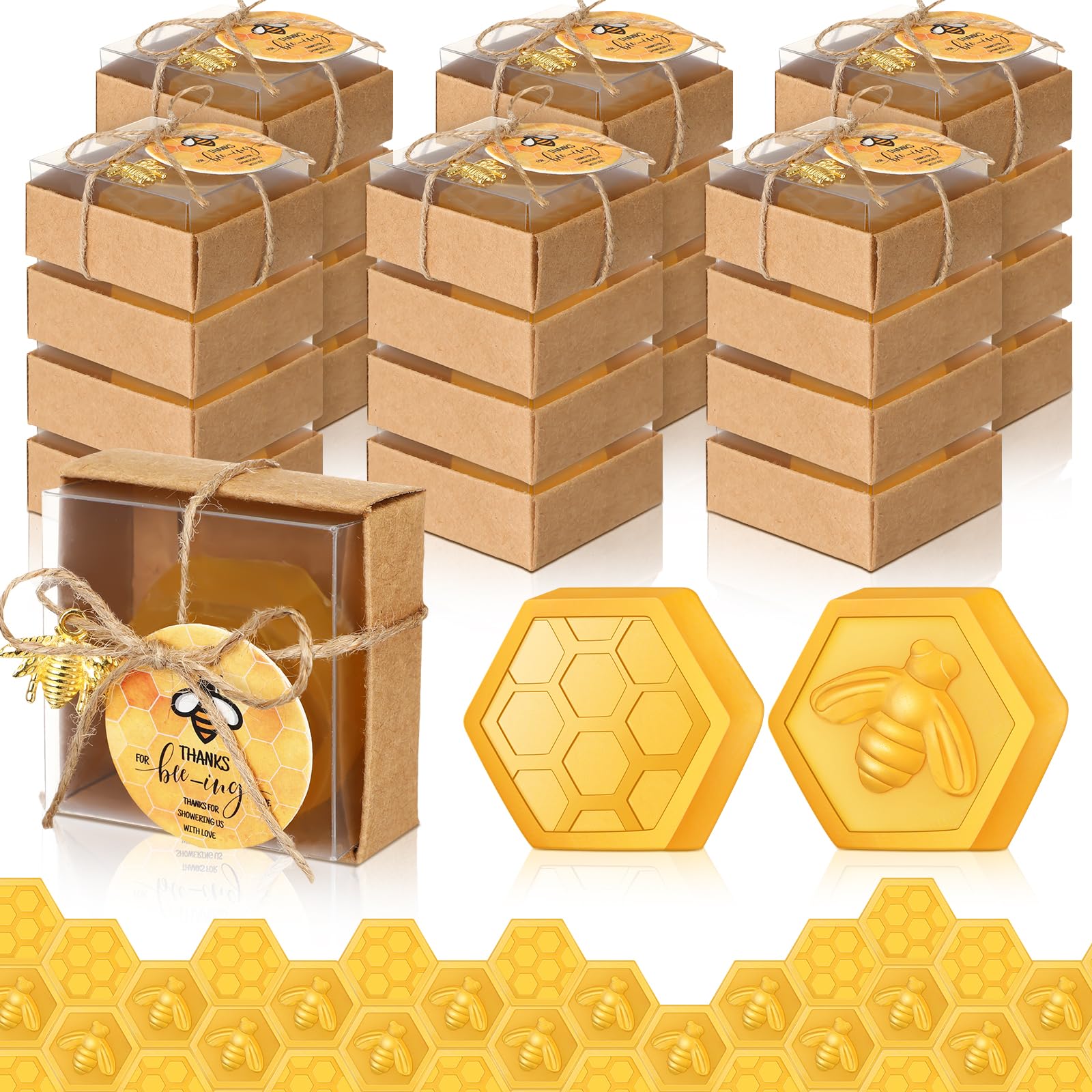 Photo 1 of Dimsile 24 Set Baby Shower Bee Party Favors Honeycomb Bee Soap Handmade Scent Soaps with Gift Box Thank You Cards cute Charms for Guest Gender Reveal Keepsake Wedding gifts Decorations (Transparent)