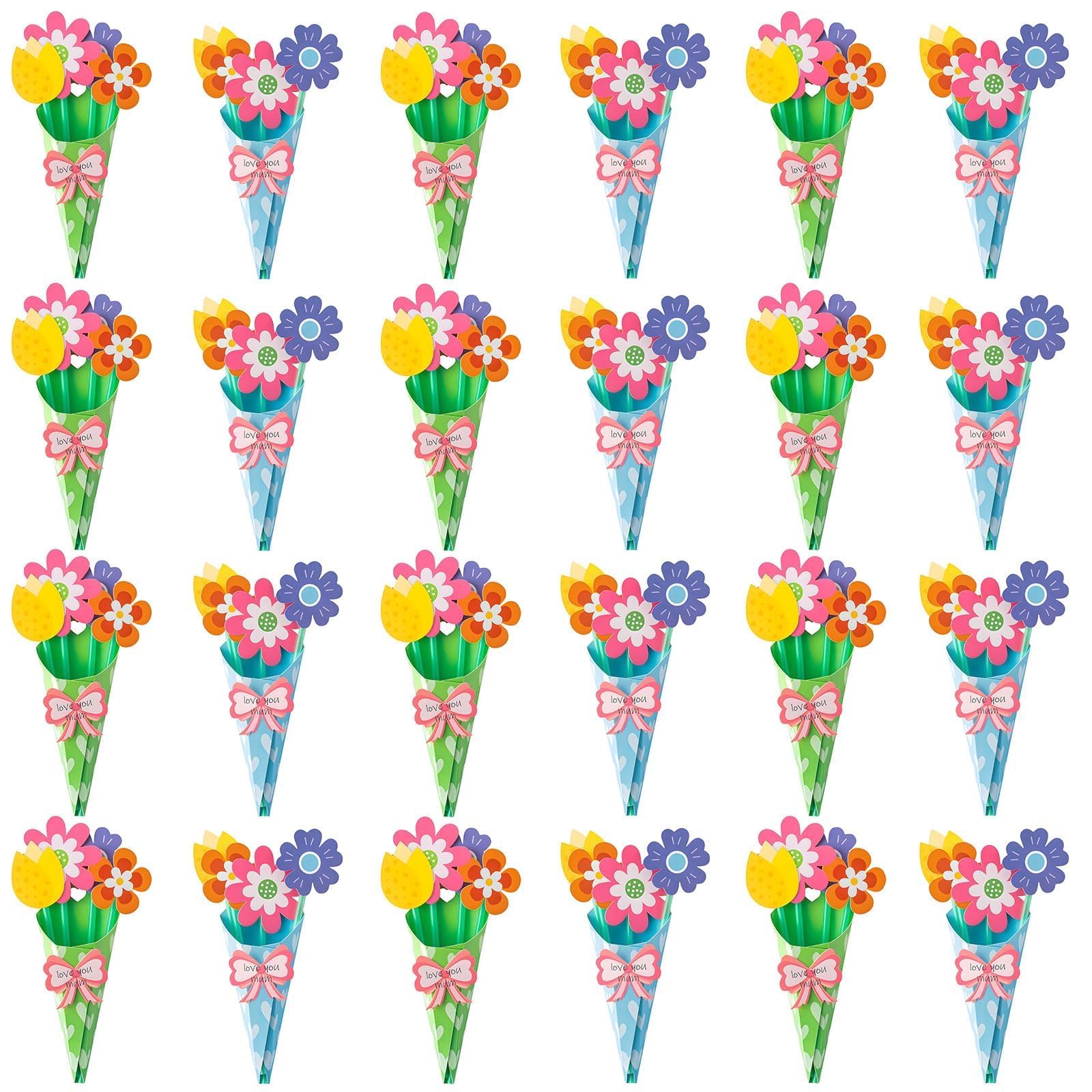 Mothers Day Craft Kit for Kids – 24Pack DIY Flower Bouquet Set: Perfect Handmade Birthday Gifts for Mum, Teachers | Easy-to-Make Papercraft Supplies for Boys, Girls & School Classroom Craft Activities