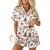 Ekouaer Womens Christmas Pajamas Silk Satin Sleepwear Holiday Matching Pjs Funny Short Sleeve Button Down Nightwear Set S-XXL