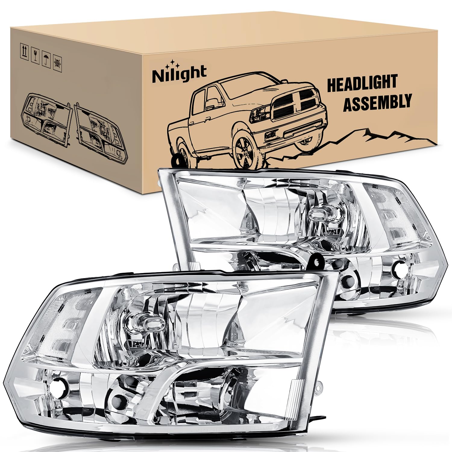 Photo 1 of ***MINOR CRACKS*** Nilight Headlight Assembly 2009 2010 2011 2012 2013 2014 2015 2016 2017 2018 Ram 1500 2500 3500 Pickup Quad Headlamp Assembly Replacement Chrome Housing Clear Corner Clear Lens,(Only for Quad Models)