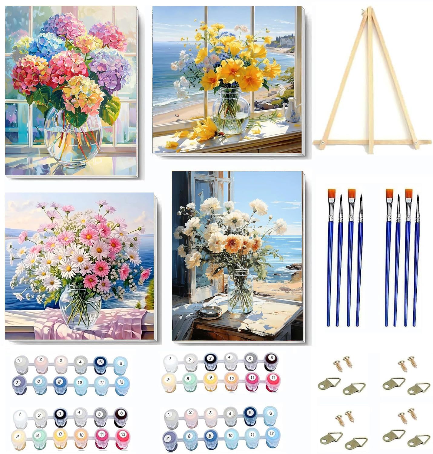 4 Pack Flower Paint by Numbers Kit for Adults Beginner with Framed,Flowers Easy Adult Paint by Number Kits on Canvas DIY Painting for Beginners Art by Numbers for Home Wall Decor 10x12-10x10 Inch — image 1