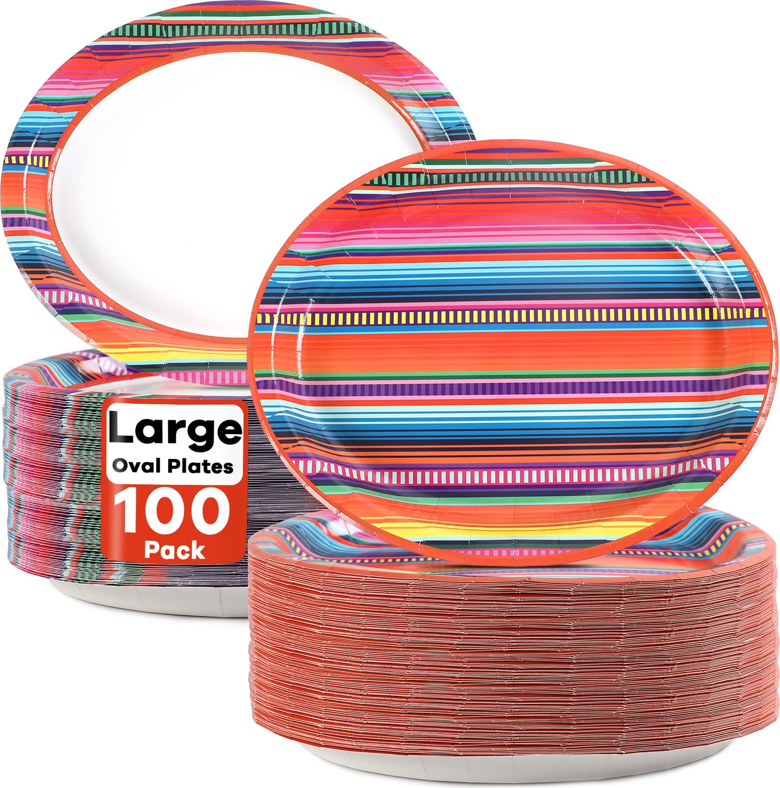 Photo 1 of 100 PCS Mexican Fiesta Party Paper Plates Disposable Dinner Dessert Plates 11" Large Oval Mayo Serape Colorful Stripes Taco Mexico Decoration Supplies Platters Dish Tray Dance Ponchos Tableware