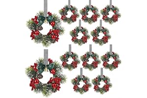 Zeyune 12 Pcs Small Christmas Wreaths for Kitchen Cabinets with Bow Ribbon Mini Cabinet Door Wreath Set Hanging Christmas Decor for Kitchen Window Outdoor Indoor, 14.96 x 7.87''(Simple Style)