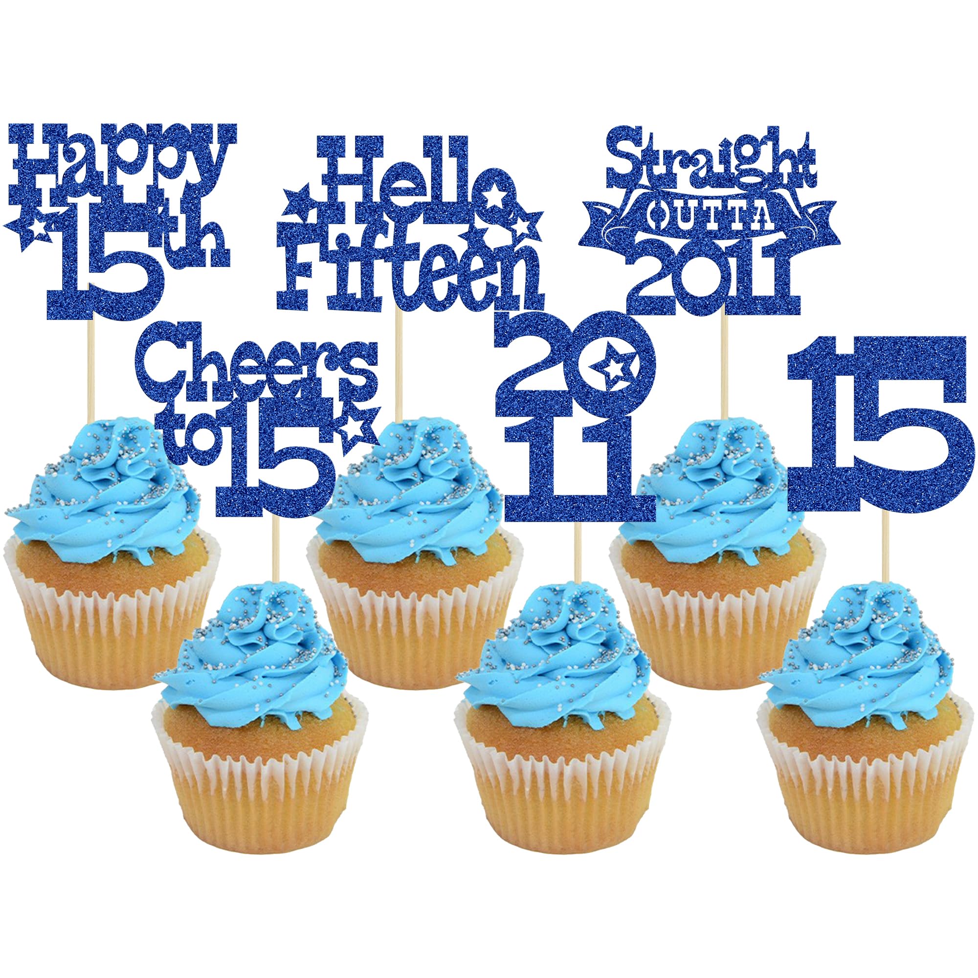 Ephlyn 30Pcs Happy 15th Birthday Cupcake Toppers Glitter Fifteen Straight Outta 2011 Cupcake Picks Cheers to 15 Years Cake Decorations for 15th Birthday Anniversary Party Supplies Blue