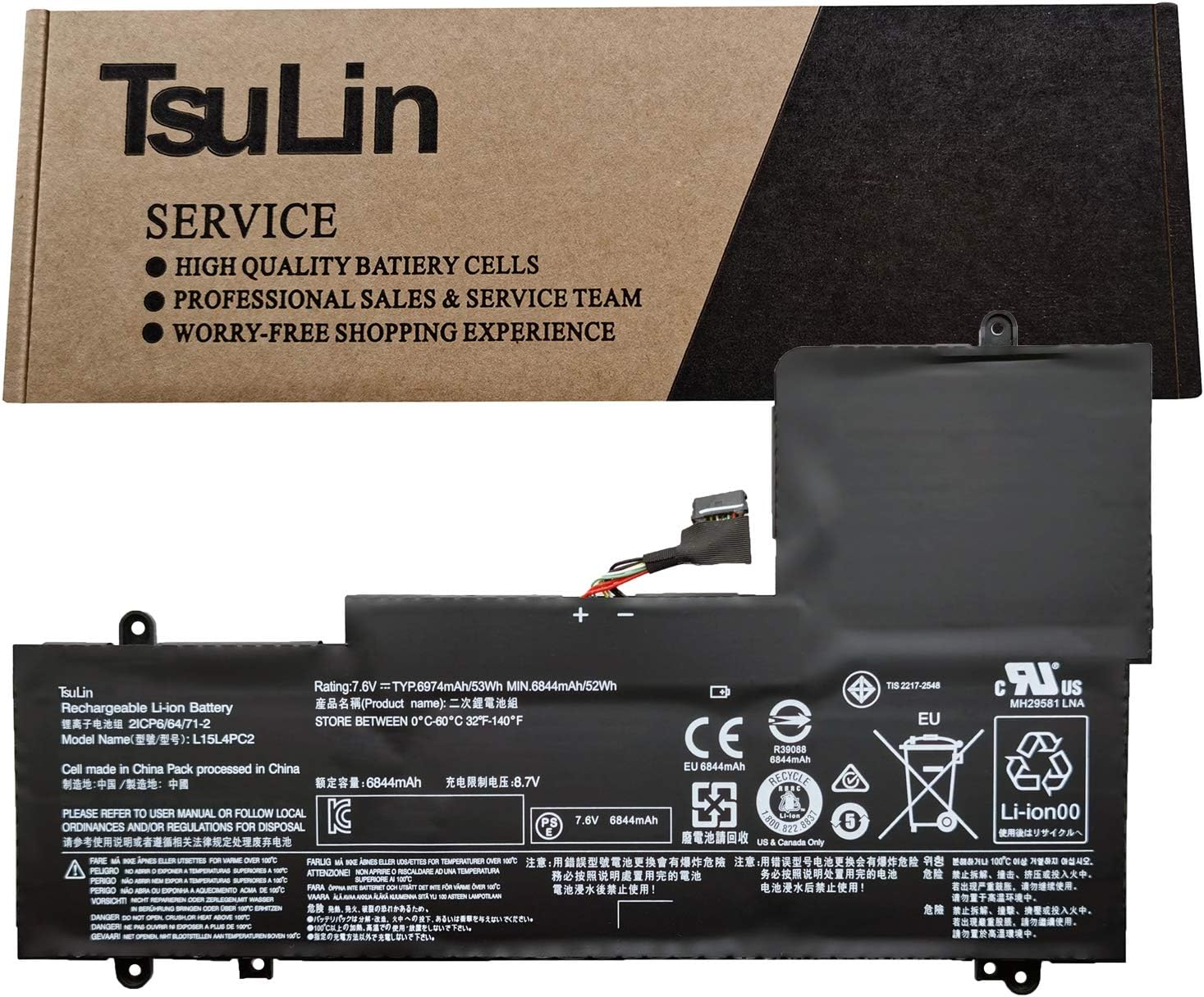 TsuLin L15L4PC2 Laptop Battery Replacement for Lenovo Ideapad Yoga 710-14IKB 710-14ISK 710-15IKB 710-15ISK Series Notebook L15M4PC2 5B10K90778 5B10K90802 7.6V 53Wh 6974mAh