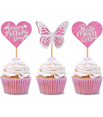 36 Stück Happy Mother's Day Cupcake-Topper – Rot Glitzer Herzchen, Für Kuchen, Party & Deko