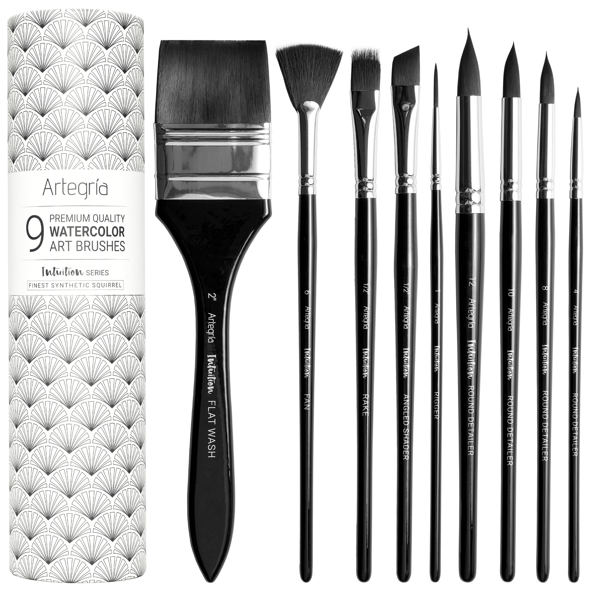 Photo 1 of ARTEGRIA Watercolor Brush Set, 9 Soft Synthetic Squirrel Paint Brushes, Including Round Detailers, Flat Wash, Rigger, Rake, Fan, Angled Shader