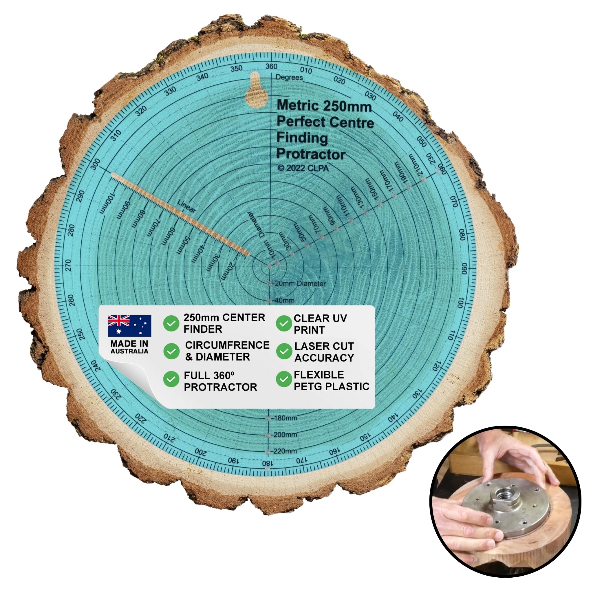 CLPA 250mm Circle Center Finder Tool — Round Center Finder for Woodturning | Protractor, Circle Maker and Dowel Center Finder | Clear PETG | Made in Australia