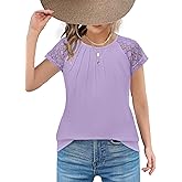 Arshiner Girls Shirts Short Sleeves Lace Pleated Kids Summer Tops Casual Crewneck Blouses Tees