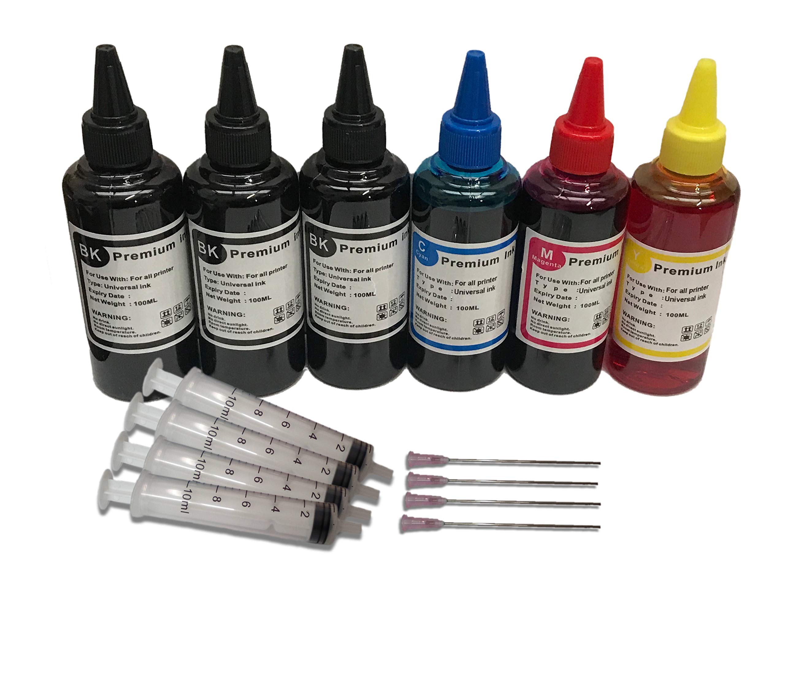 BVH Direct 6 x 100ml Black Cyan Magenta Yellow Bottled Compatible with HP, Canon, Brother, LEXMARK and epson Ink Refillable Ciss Cartridge Sytems Includes Blunt Needle and Syringe for Refilling