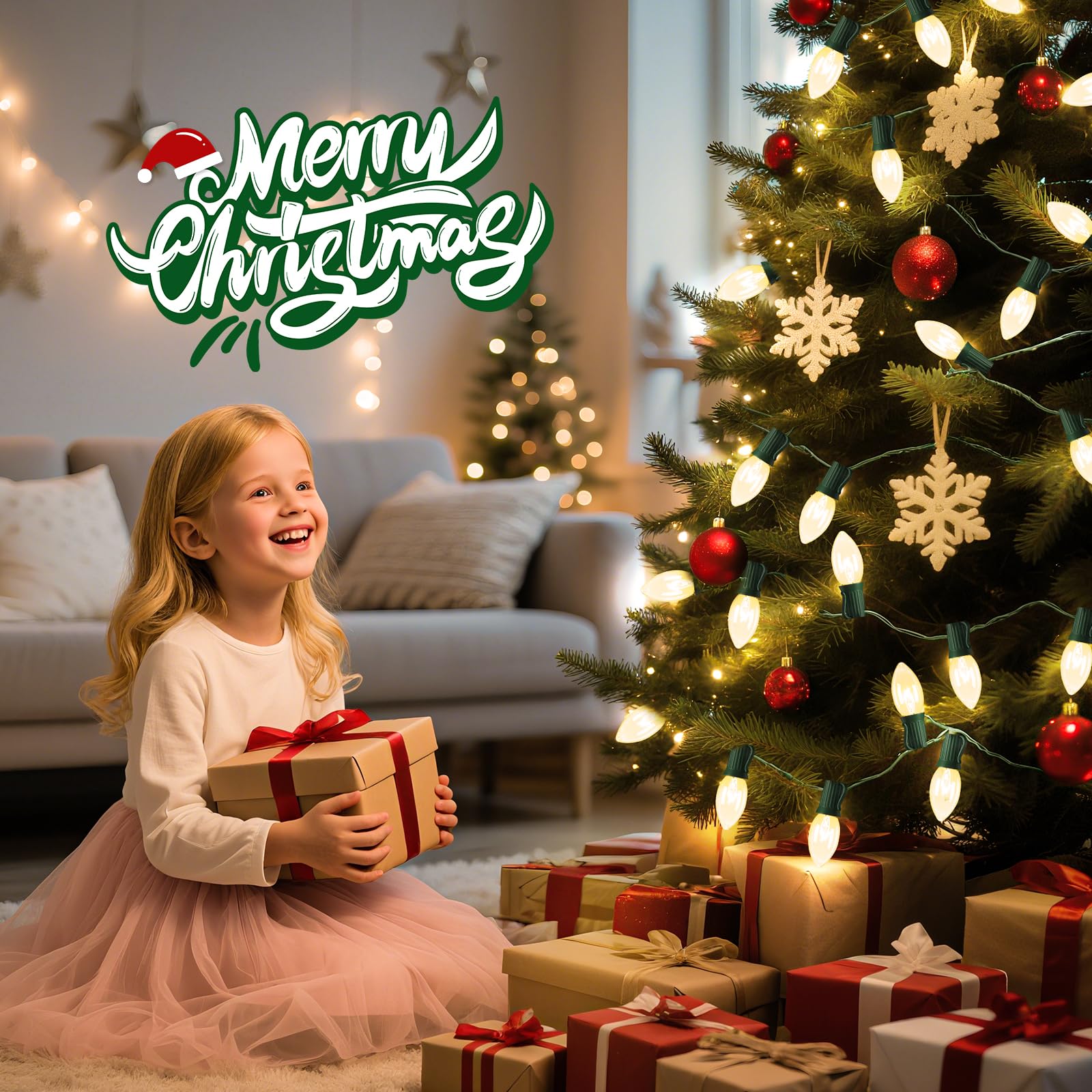 Vintage C9 Christmas Lights Outdoor, 50 FT C9 String Lights with 50 Clear Bulbs, Waterproof Christmas Tree Light for Outdoor Indoor Xmas Roofline Backyard Garden Patio Home Holiday Decor, Green Wire