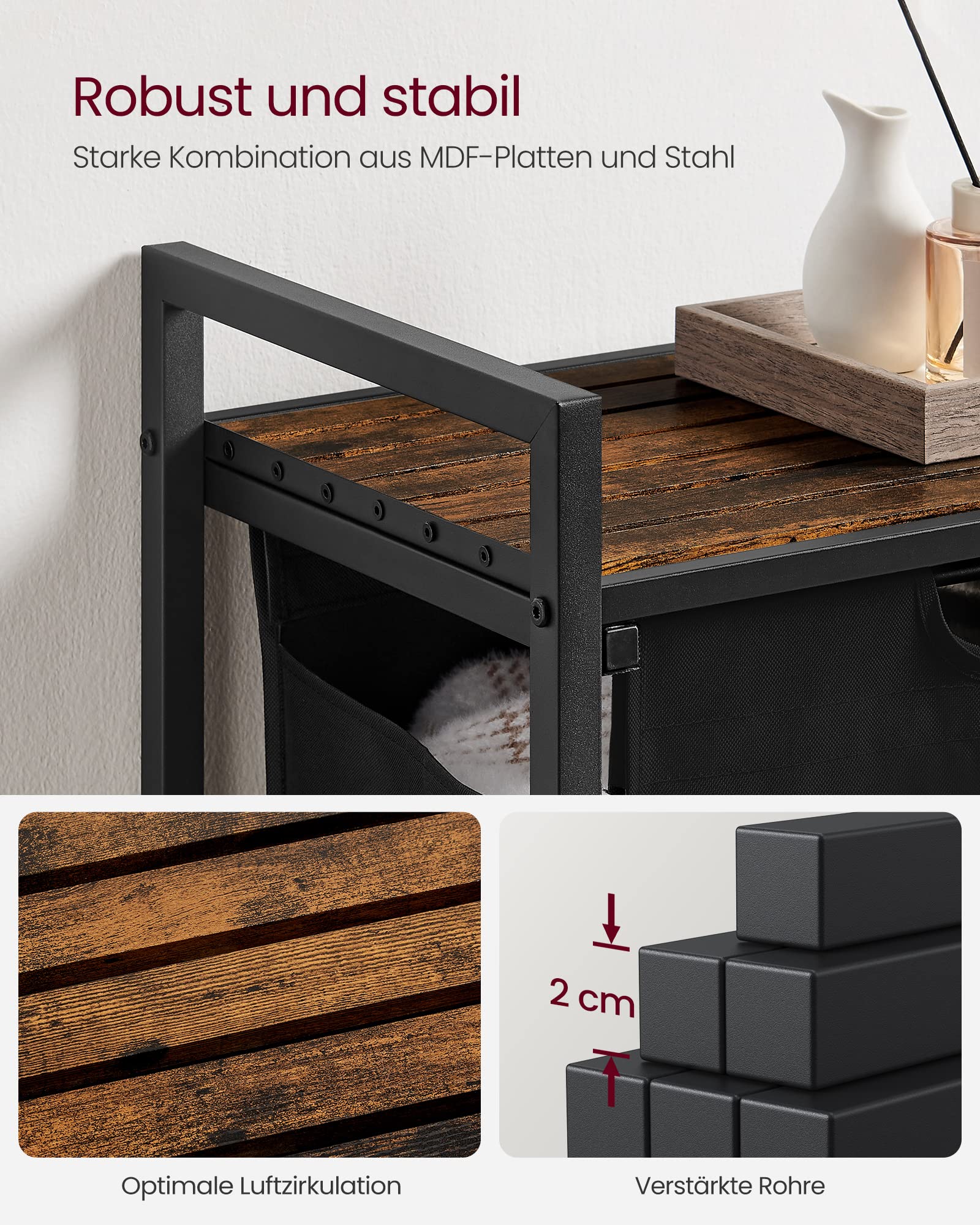 VASAGLE Wäschekorb, Wäschesammler mit Ablage, Wäschebox, Wäschesack aus Oxford-Gewebe abnehmbar, Metallrahmen, 65 L, 50 x 33 x 72 cm, tintenschwarz-vintagebraun BLH101B01 6