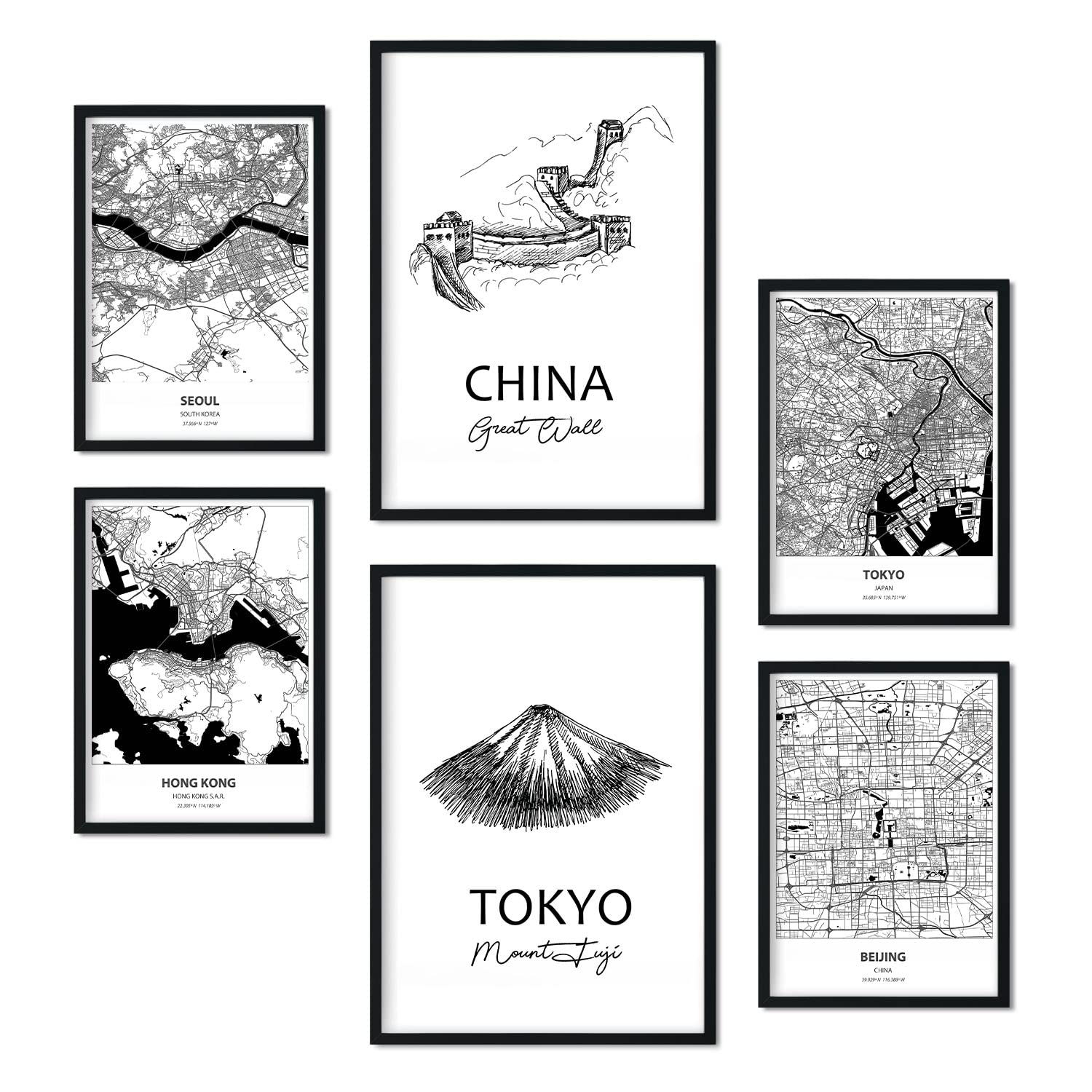 Nacnic Set of 6 prints of East Asia. Aesthetic posters of maps and monuments in Black and White for your home, business, office. Nordic style interior decoration. A4 and A3 sizes. Without frame.