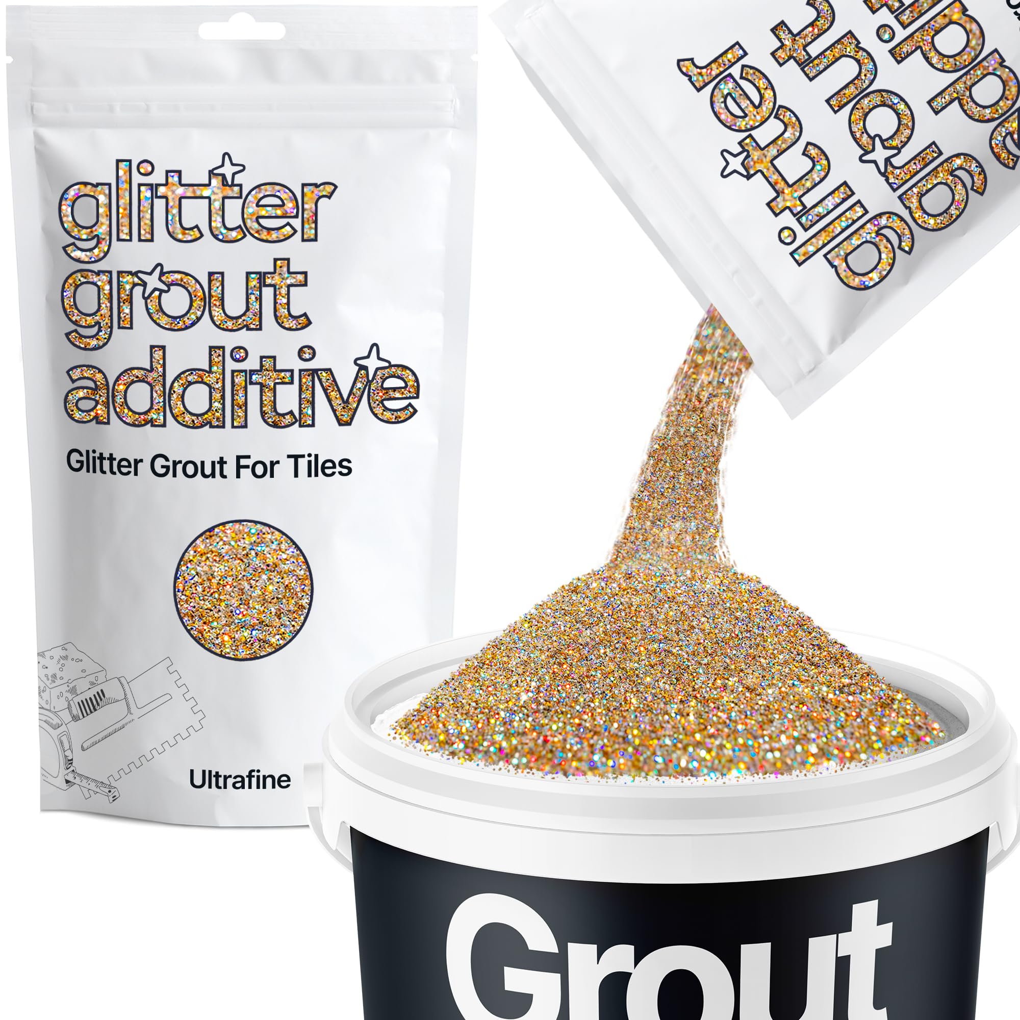 Hemway Gold Silver Holographic Glitter Grout Additive Ultrafine 100g Flakes for Adding Sparkle to Kitchen & Bathroom Tiles | Enhance Your Indoor Grouting Projects with a Durable Sparkly Effect