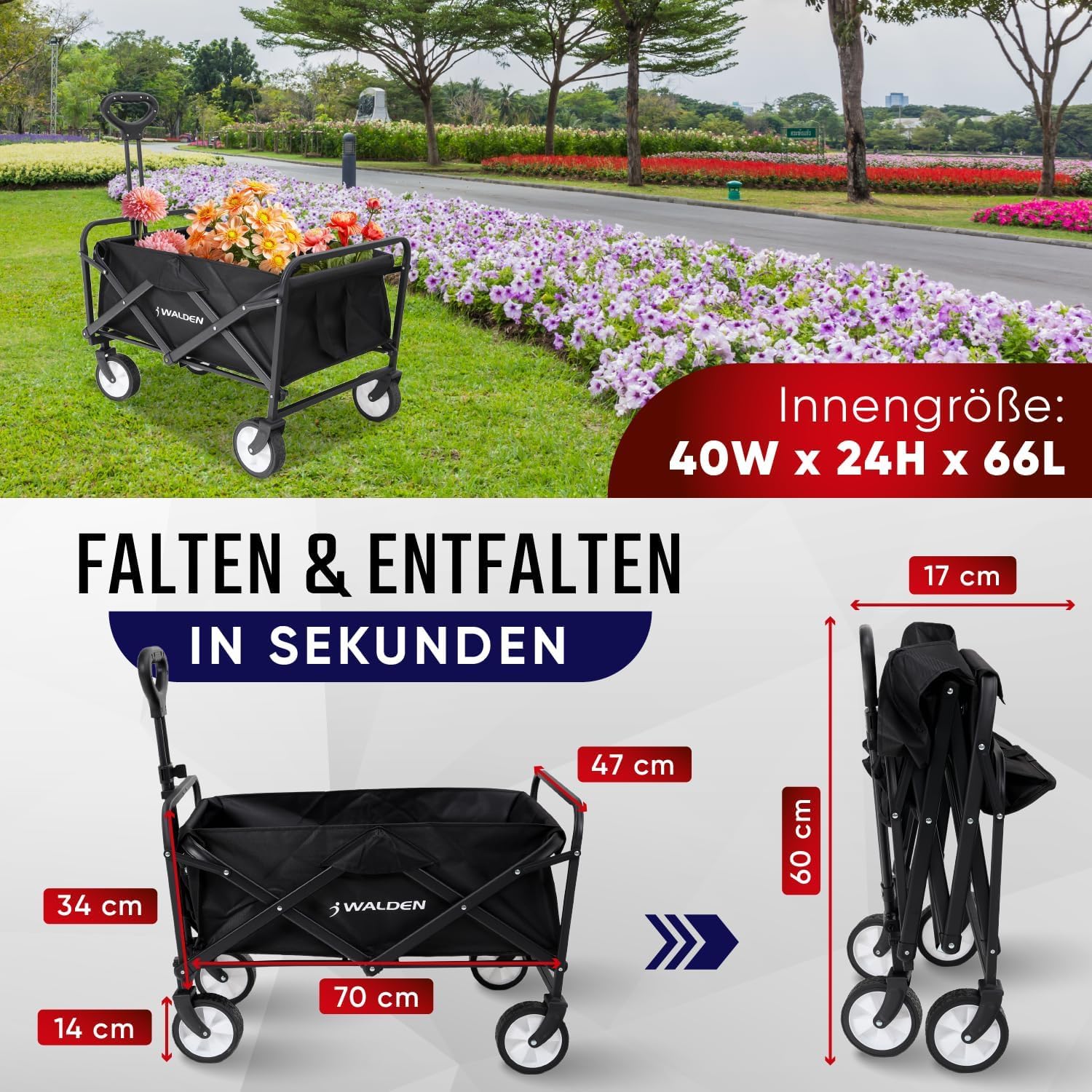 Klappbarer zusammenklappbarer Bollerwagen, Strandkarren mit großer Kapazität, Stabiler klappbarer Bollerwagen tragbar, zusammenklappbarer Wagen für Sport, Einkauf, Camping 4