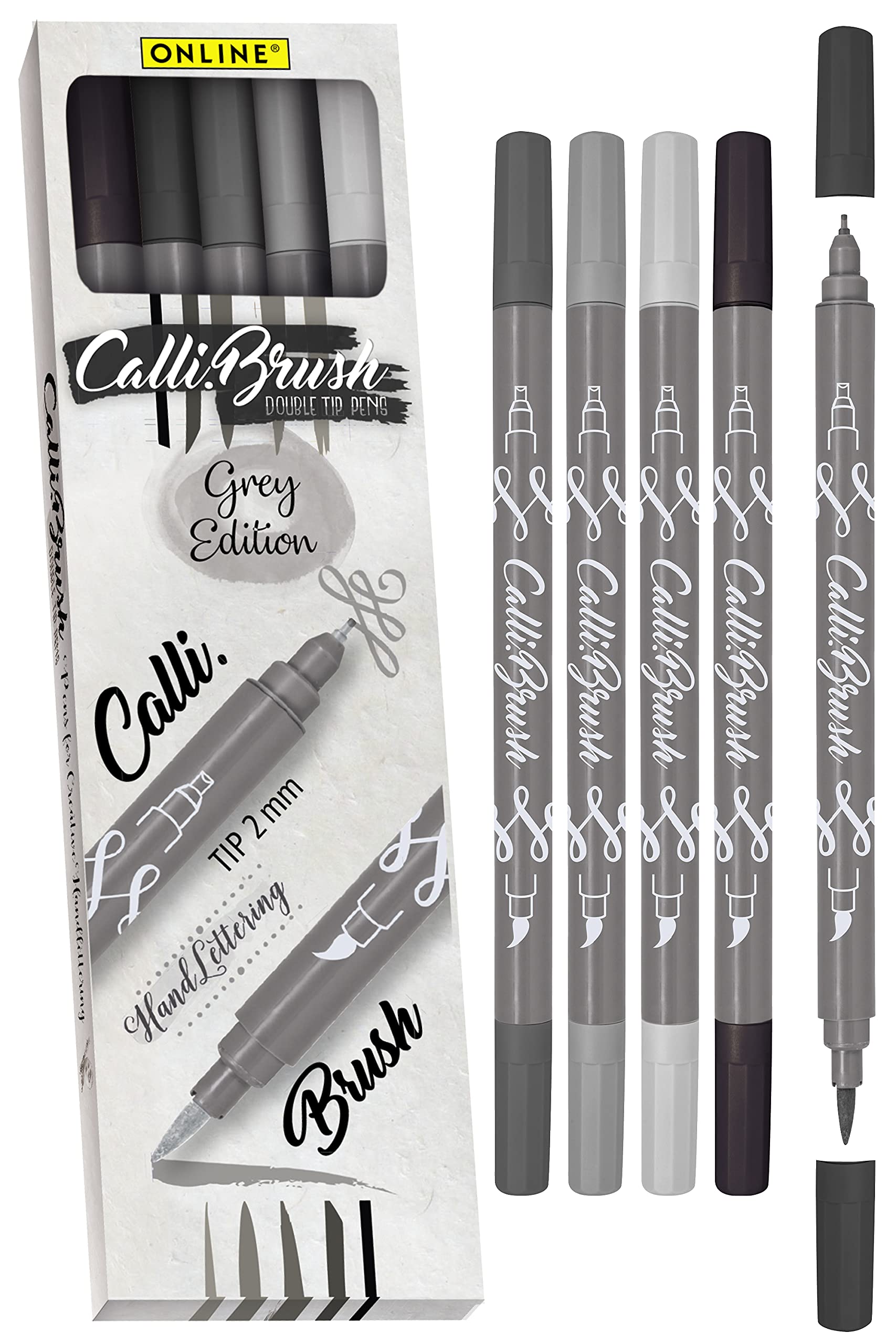 Online Calligraphy Brush Pens Grey I Dual Tip with Calligraphy Nib and Brush, Set with Watercolours, Waterbased Calli.Brush - DIY I Handlettering I Painting I Gift Cards I Bullet Journal
