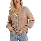 QIBABU Womens Striped Cardigan Sweaters Oversized V Neck Open Front Button Down Knit Outwear