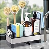 Ouletoy Kitchen Sink Caddy Organizer with Dish Brush Holder, Stainless Steel Sponge Holder with Dish Cloth Rack, Soap Sponge Caddy for Kitchen Countertop Sink Organizer and Storage Essentials