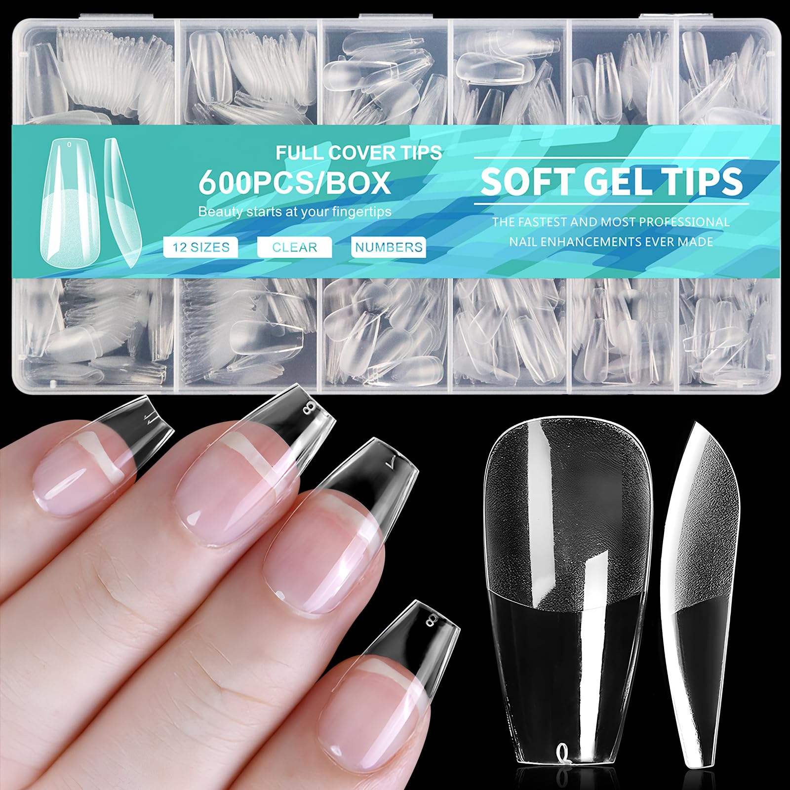 AddFavor 600pcs Coffin Nail Tips, Medium Coffin Soft x Gel Nail Tips Clear Fake Nails Ballerina Full Cover Acrylic Nails Tips for Extension Nail Manicure Salon Home DIY